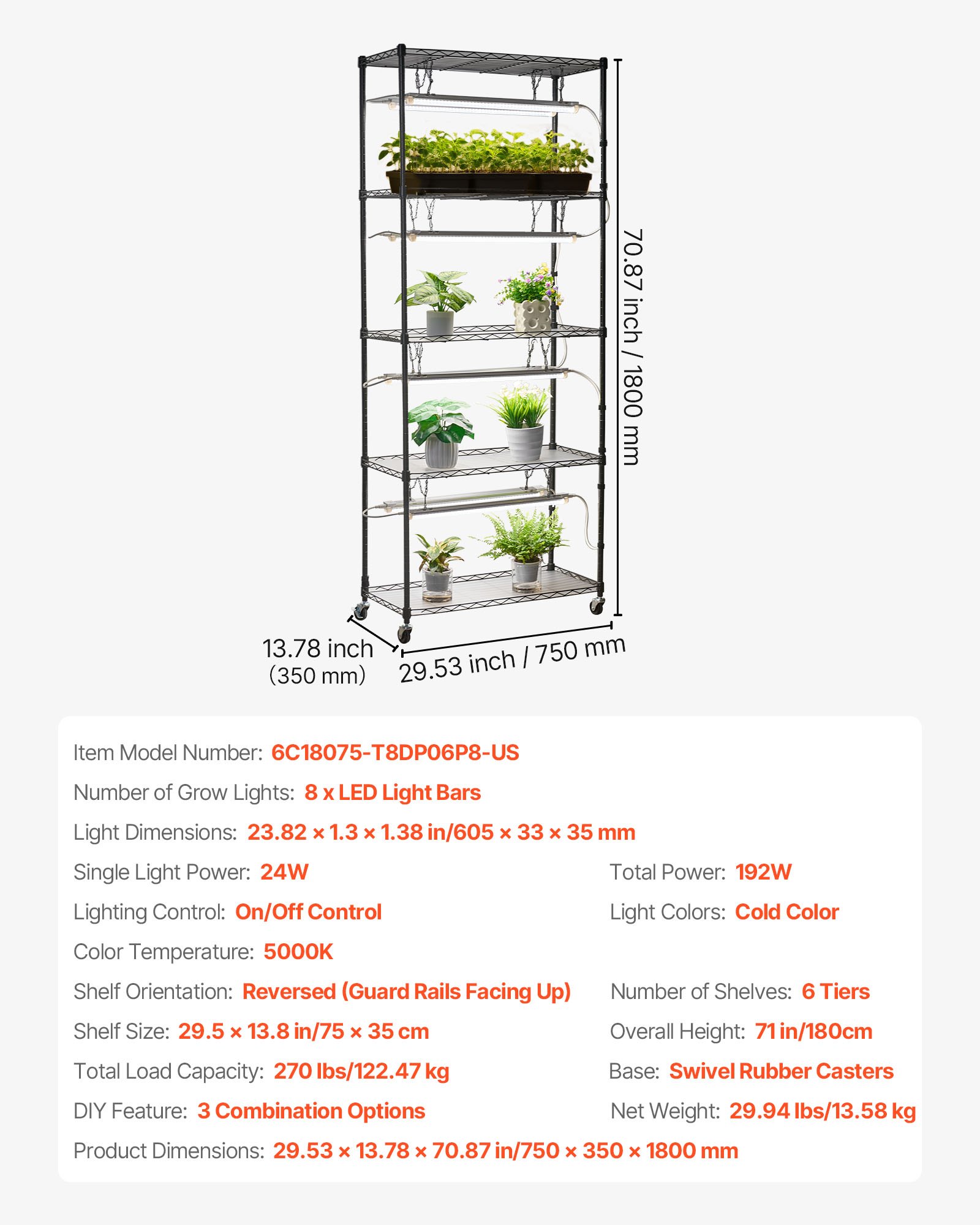 VEVOR - Soporte para plantas de interior con luz de cultivo, estantería metálica de 6 niveles, 180 cm de altura, 192 W, con ruedas, lámpara de espectro completo de 5000 K, expositor para macetas