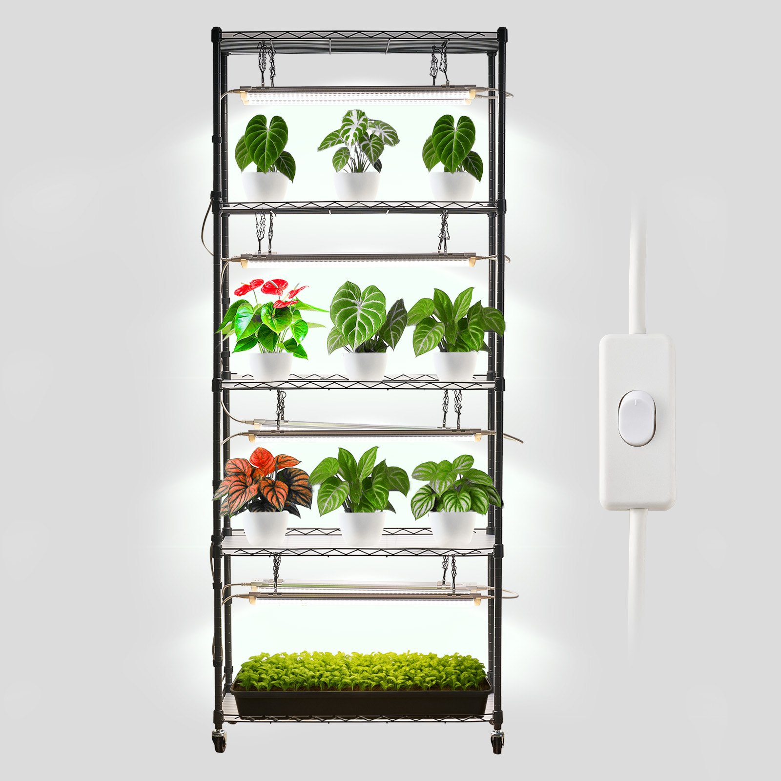 VEVOR - Soporte para plantas de interior con luz de cultivo, estantería metálica de 6 niveles, 180 cm de altura, 192 W, con ruedas, lámpara de espectro completo de 5000 K, expositor para macetas