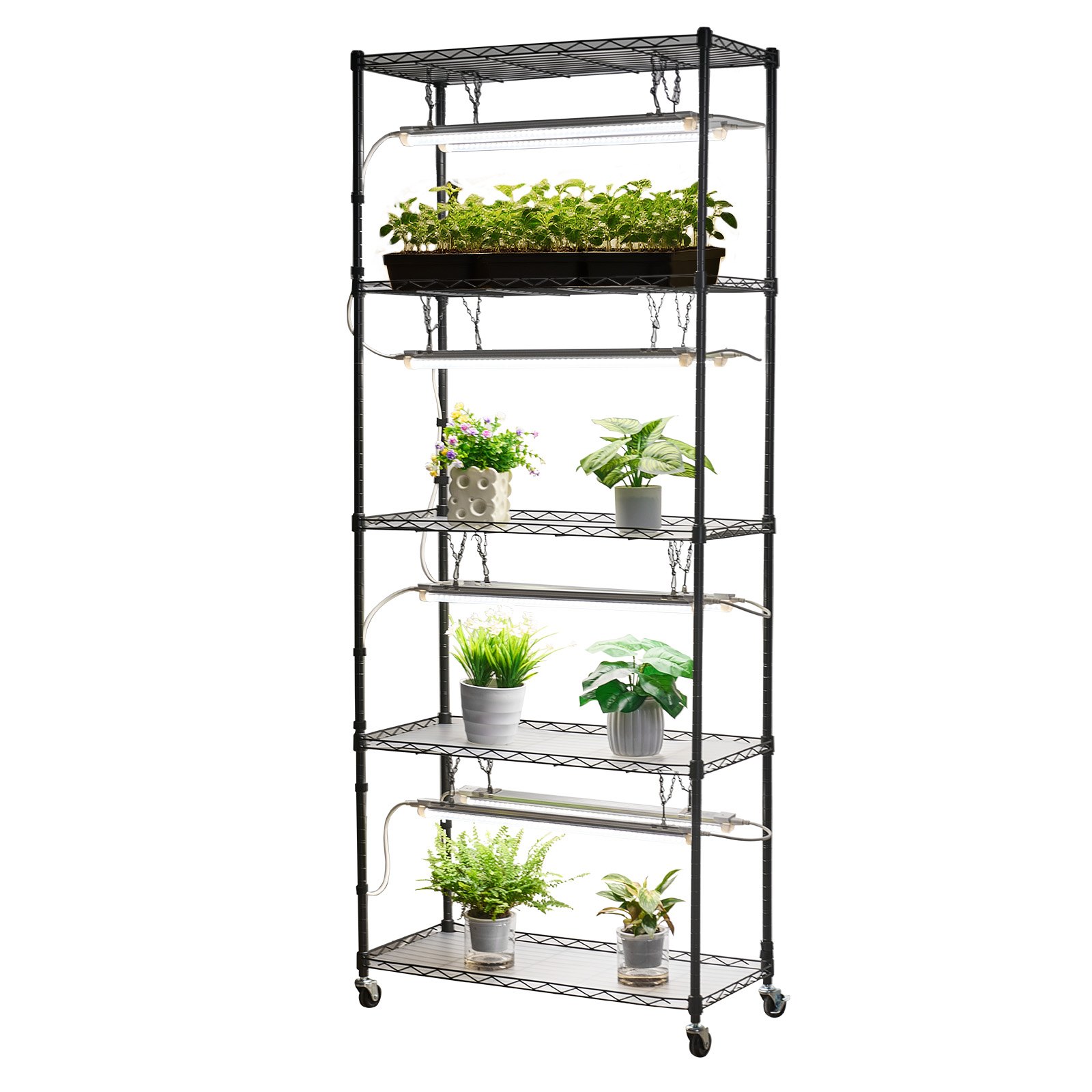 VEVOR - Soporte para plantas de interior con luz de cultivo, estantería metálica de 6 niveles, 180 cm de altura, 192 W, con ruedas, lámpara de espectro completo de 5000 K, expositor para macetas