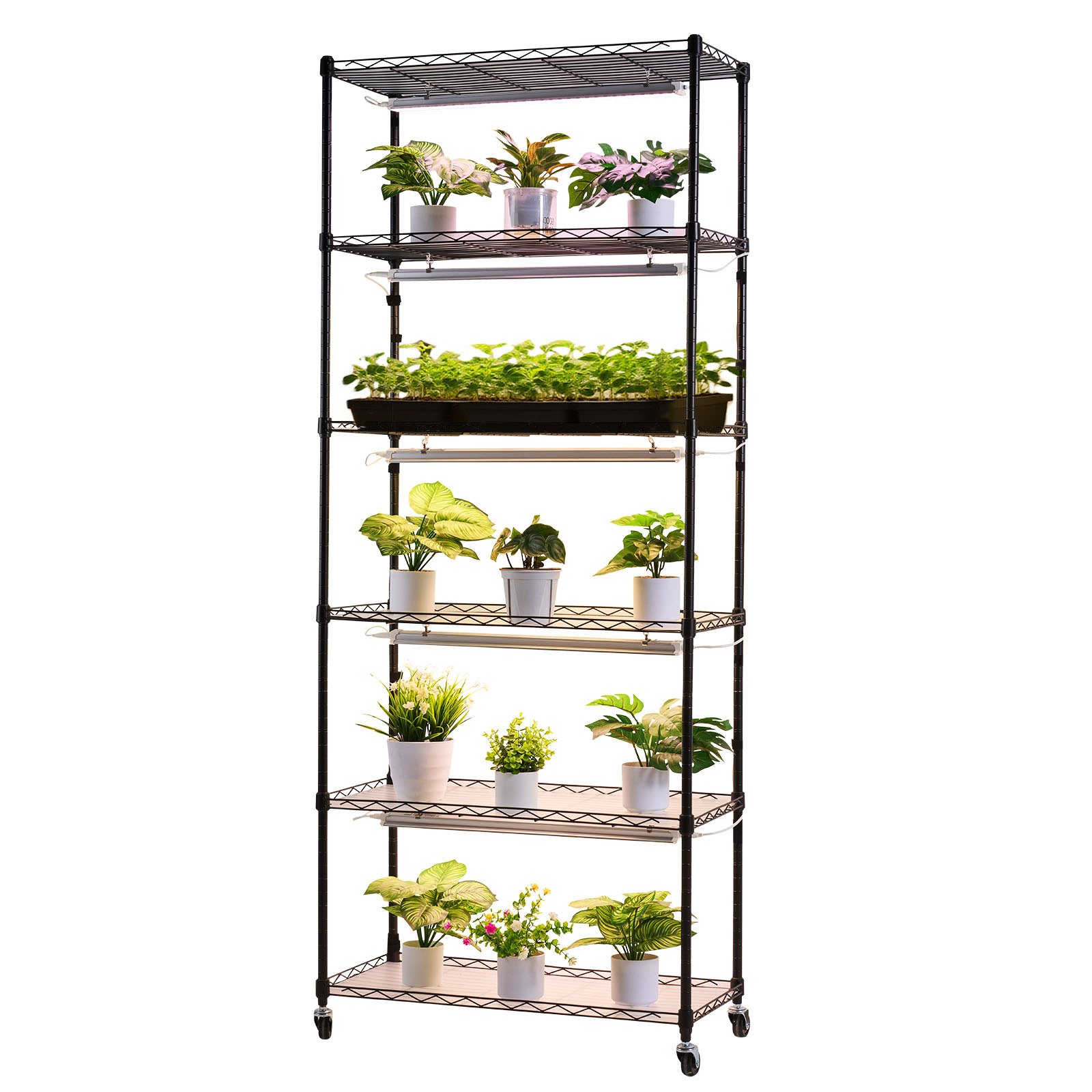 VEVOR Soporte para Plantas con Luz de Cultivo 6 Niveles 180 cm 150 W, Estante para Plantas con Ruedas, Temporizador de 4/9/14 H, 3 Modos de Iluminación, para Crecimiento de Planta, 750x350x1800 mm