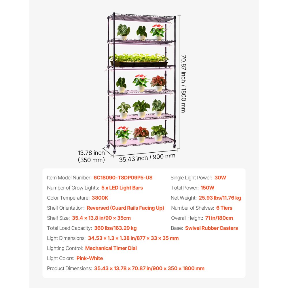 VEVOR Soporte para Plantas con Luz de Cultivo 6 Niveles Alto 180 cm 150 W, Estante para Plantas con Ruedas Giratorias, Temporizador Mecánico, para Crecimiento de Planta, Macetas, 900 x 350 x 1800 mm