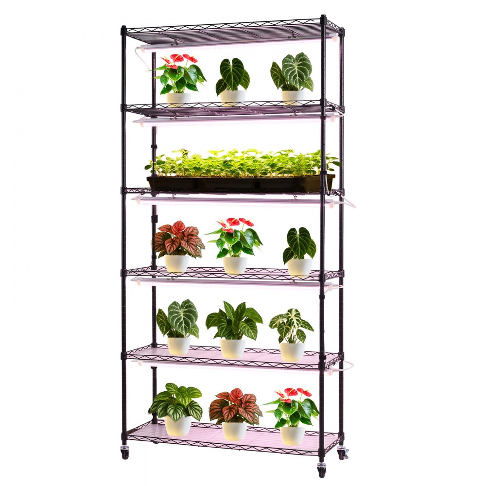 VEVOR Soporte para Plantas con Luz de Cultivo 6 Niveles Alto 180 cm 150 W, Estante para Plantas con Ruedas Giratorias, Temporizador Mecánico, para Crecimiento de Planta, Macetas, 900 x 350 x 1800 mm