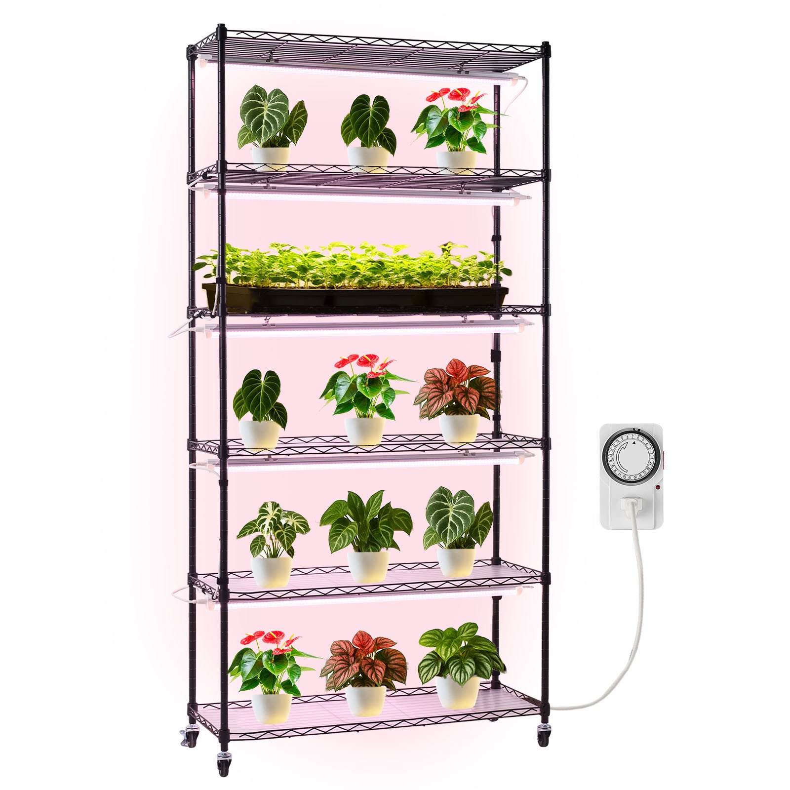 VEVOR Soporte para Plantas con Luz de Cultivo 6 Niveles Alto 180 cm 150 W, Estante para Plantas con Ruedas Giratorias, Temporizador Mecánico, para Crecimiento de Planta, Macetas, 900 x 350 x 1800 mm