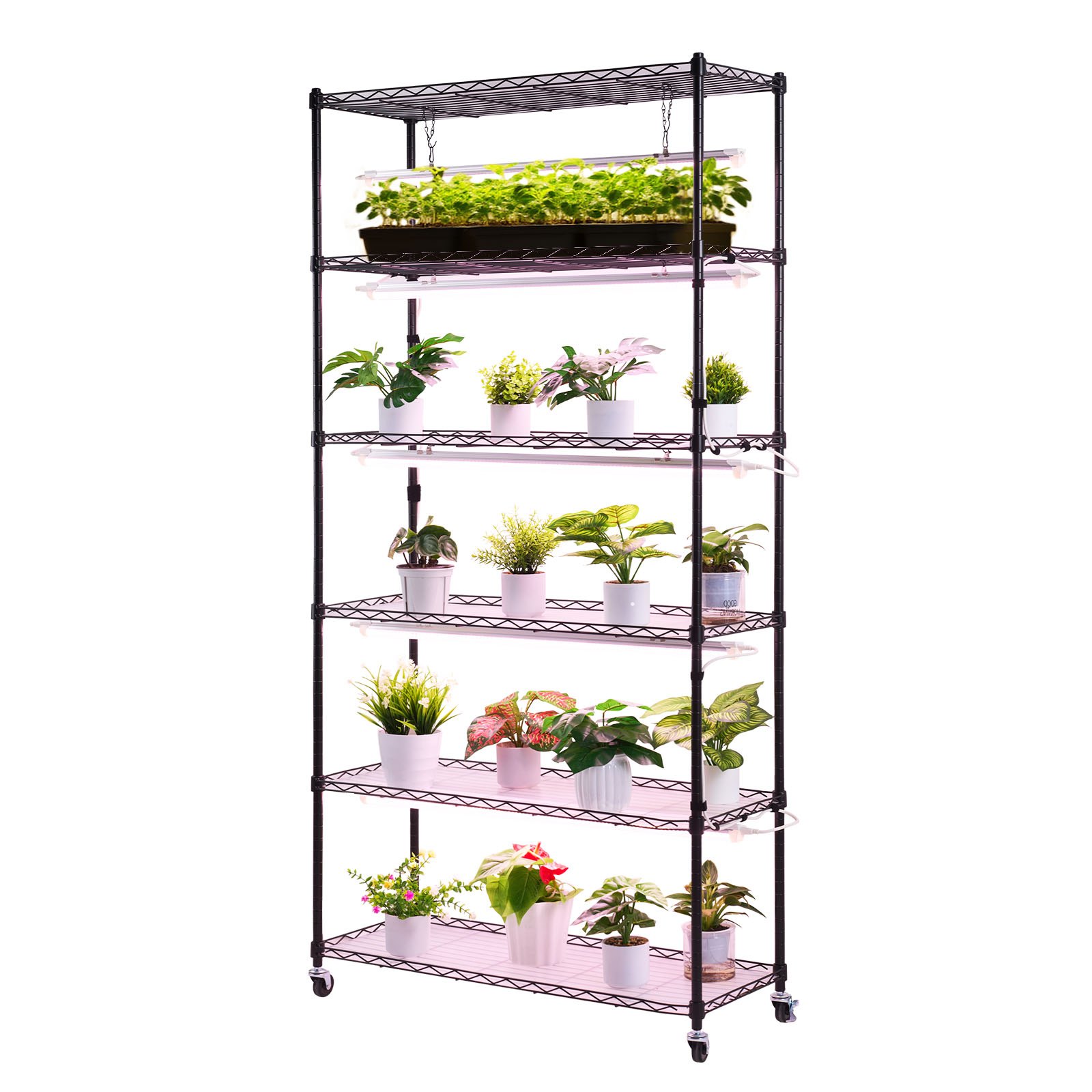 VEVOR Soporte para Plantas con Luz de Cultivo 6 Niveles Alto 180 cm 150 W, Estante para Plantas con Ruedas Giratorias, Temporizador Mecánico, para Crecimiento de Planta, Macetas, 900 x 350 x 1800 mm