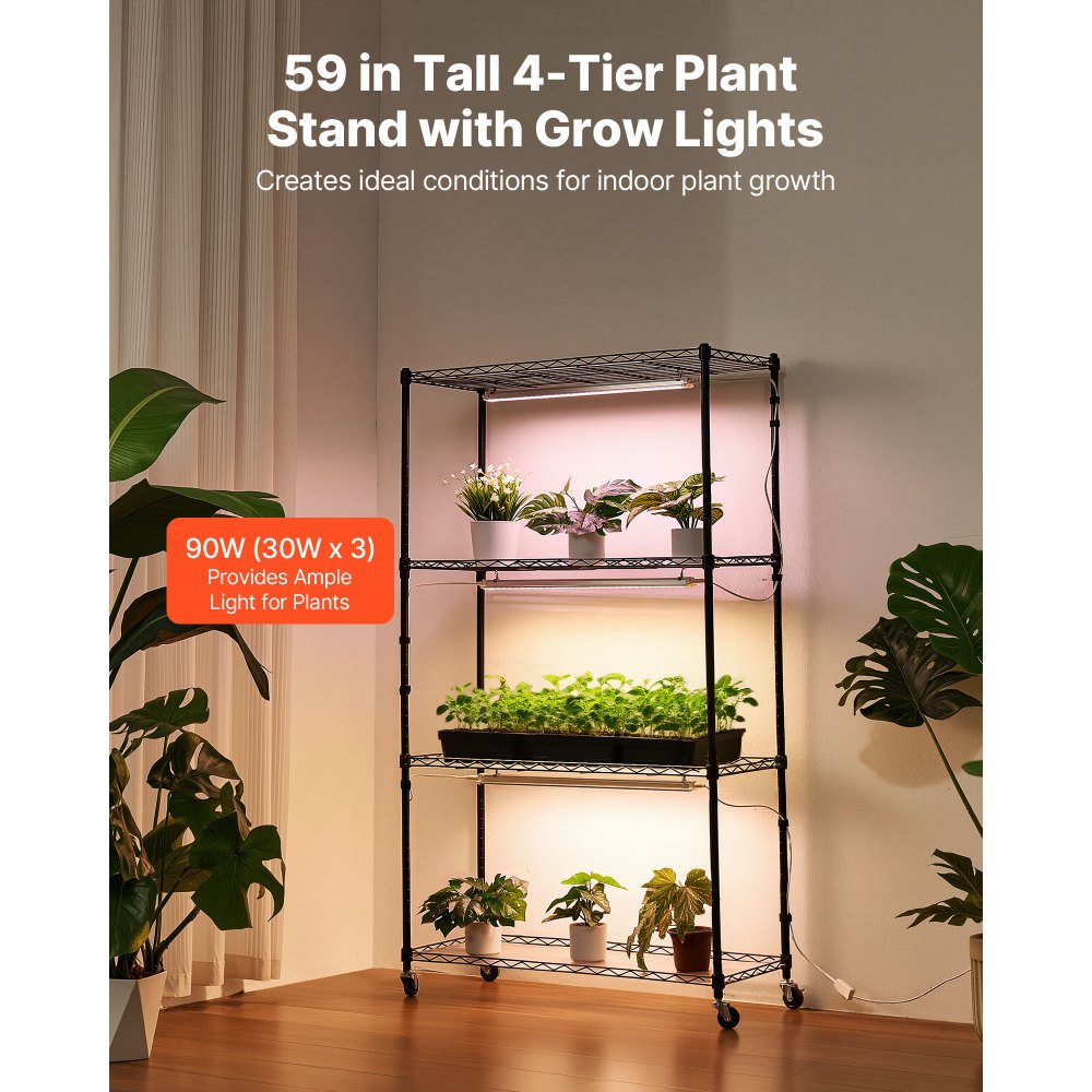 VEVOR Soporte para Plantas con Luz de Cultivo 4 Niveles 150 cm 90 W, Estante para Plantas con Ruedas Giratorias de Goma, 3 Modos de Iluminación Ajustables, para Crecimiento de Planta, 900x350x1500 mm
