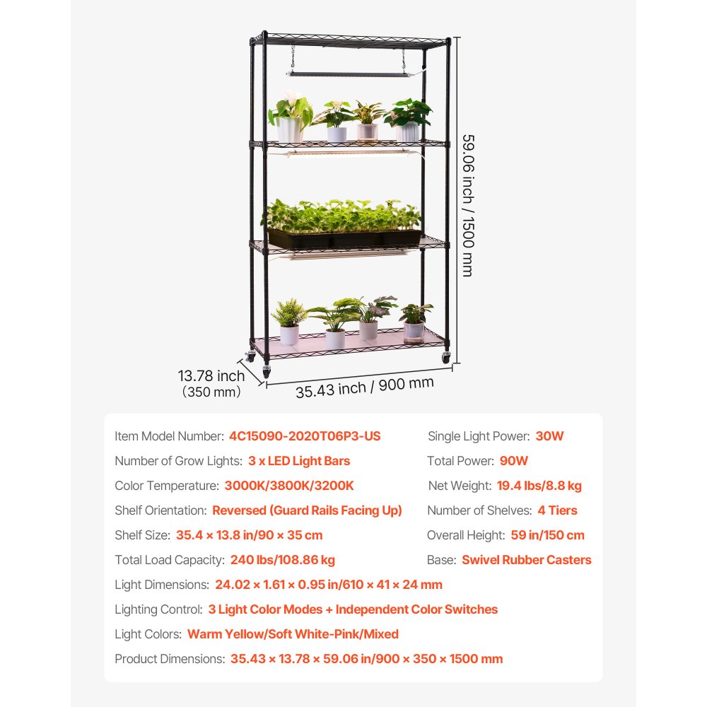 VEVOR Soporte para Plantas con Luz de Cultivo 4 Niveles 150 cm 90 W, Estante para Plantas con Ruedas Giratorias de Goma, 3 Modos de Iluminación Ajustables, para Crecimiento de Planta, 900x350x1500 mm