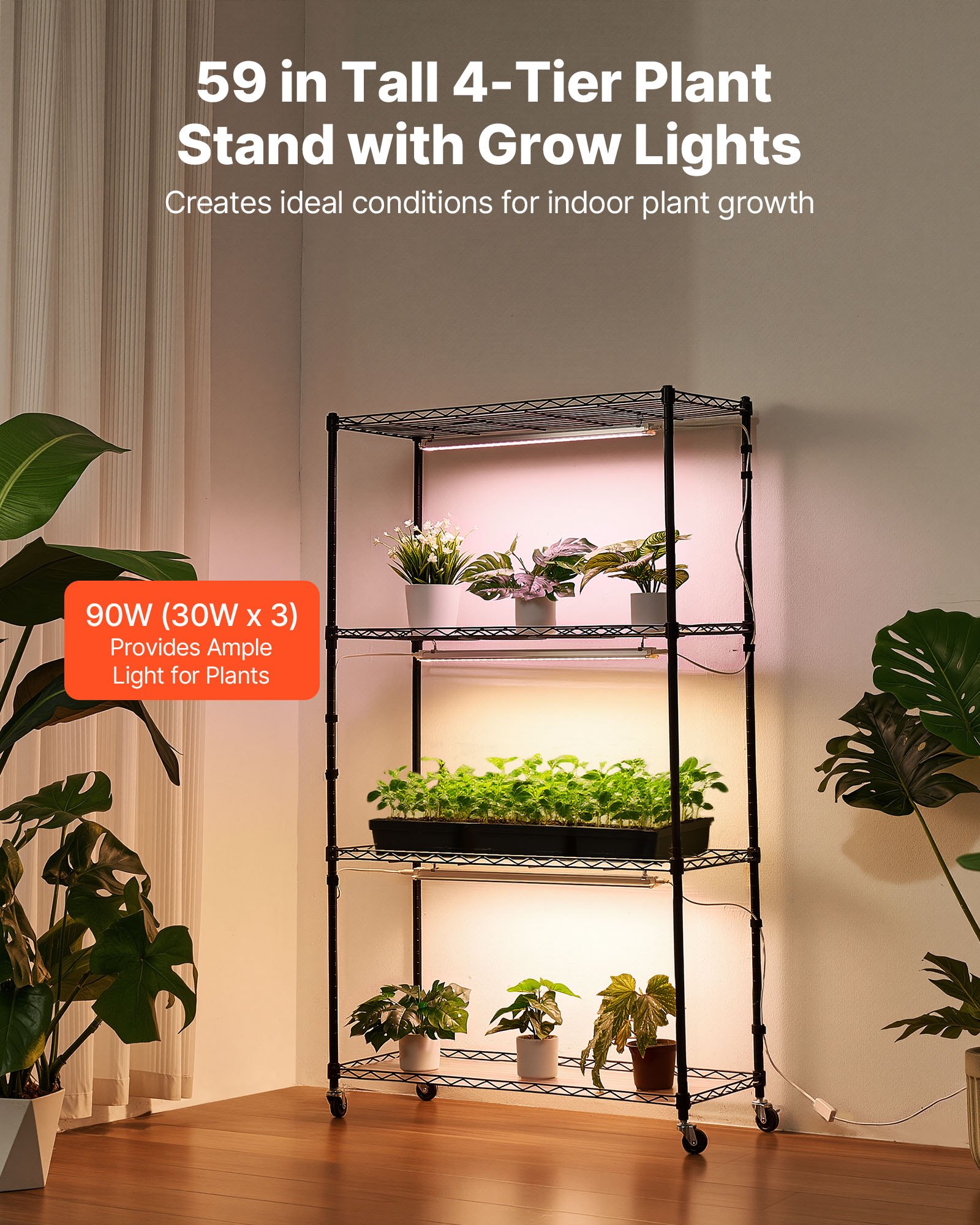 VEVOR Soporte para Plantas con Luz de Cultivo 4 Niveles 150 cm 90 W, Estante para Plantas con Ruedas Giratorias de Goma, 3 Modos de Iluminación Ajustables, para Crecimiento de Planta, 900x350x1500 mm