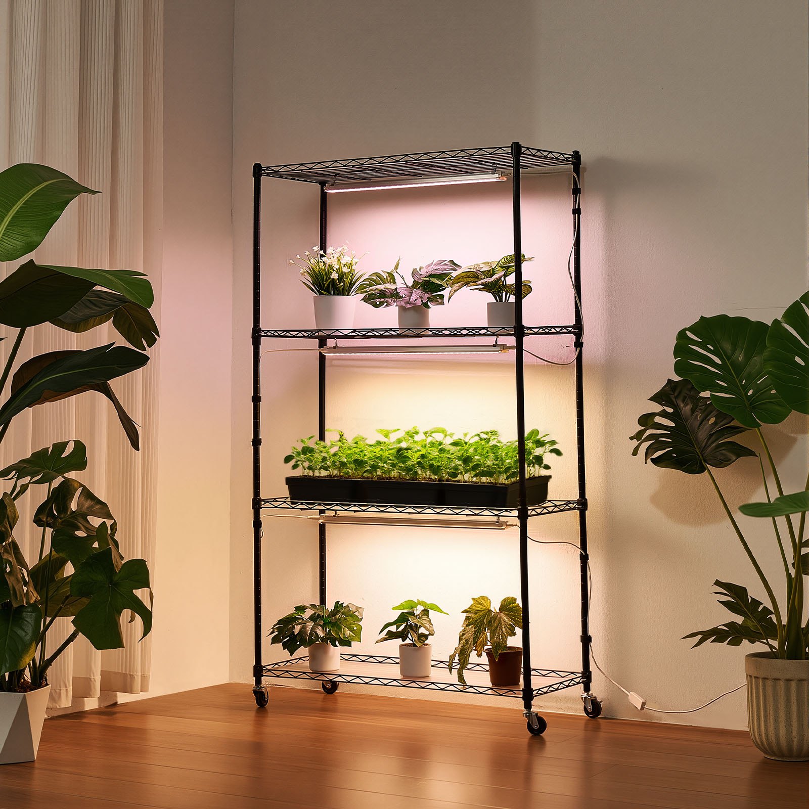 VEVOR Soporte para Plantas con Luz de Cultivo 4 Niveles 150 cm 90 W, Estante para Plantas con Ruedas Giratorias de Goma, 3 Modos de Iluminación Ajustables, para Crecimiento de Planta, 900x350x1500 mm