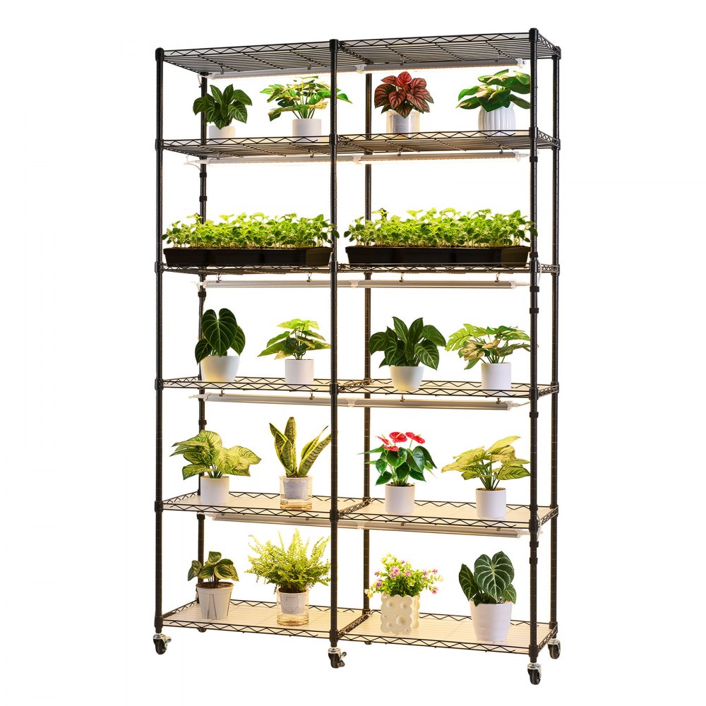 VEVOR Plant Shelf with Grow Light, 6-Tier Double-Row Plant Stand, 180cm Tall Indoor Plants Display Rack with Wheels & Timer, 200W Full Spectrum Grow Lights, Metal Flower Pot Holder for Seed Starting