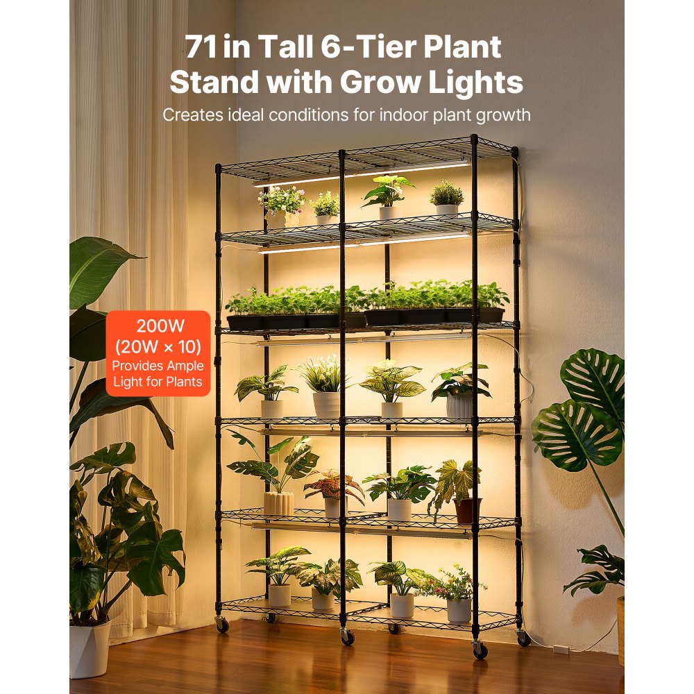 VEVOR Soporte para Plantas con Luz de Cultivo 6 Niveles Doble Fila 180 cm 200 W, Estante para Plantas con Ruedas, Temporizador Mecánico, para Crecimiento de Planta, Macetas, 1200 x 350 x 1800 mm