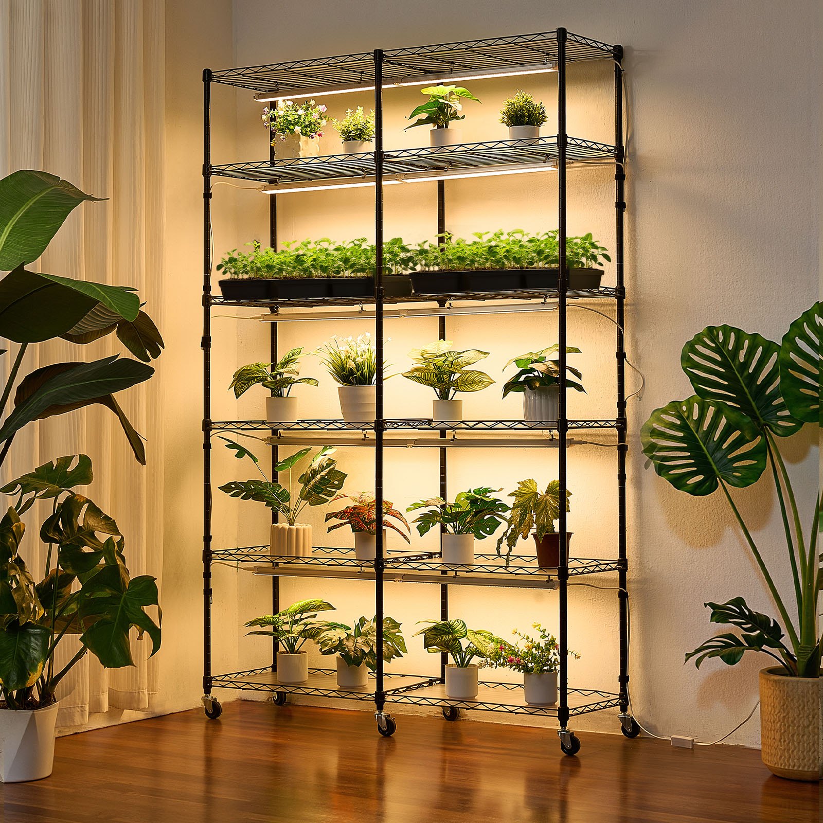 VEVOR Soporte para Plantas con Luz de Cultivo 6 Niveles Doble Fila 180 cm 200 W, Estante para Plantas con Ruedas, Temporizador Mecánico, para Crecimiento de Planta, Macetas, 1200 x 350 x 1800 mm