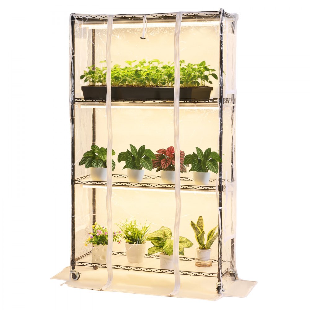 VEVOR Soporte para Plantas con Luz de Cultivo y Cubierta de Invernadero 4 Niveles 150 cm 180 W, Estante para Plantas con Ruedas, Temporizador, Higrómetro, Luces de Cultivo de Espectro Completo