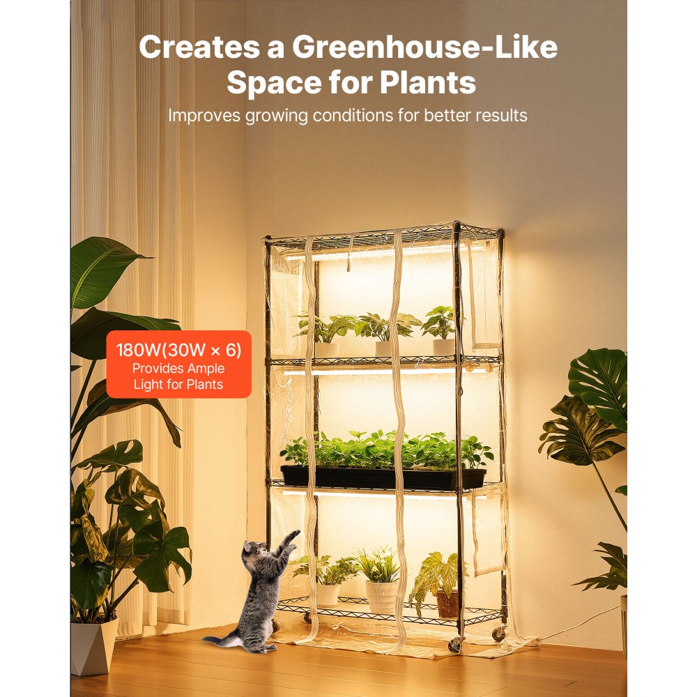 VEVOR Soporte para Plantas con Luz de Cultivo y Cubierta de Invernadero 4 Niveles 150 cm 180 W, Estante para Plantas con Ruedas, Temporizador, Higrómetro, Luces de Cultivo de Espectro Completo