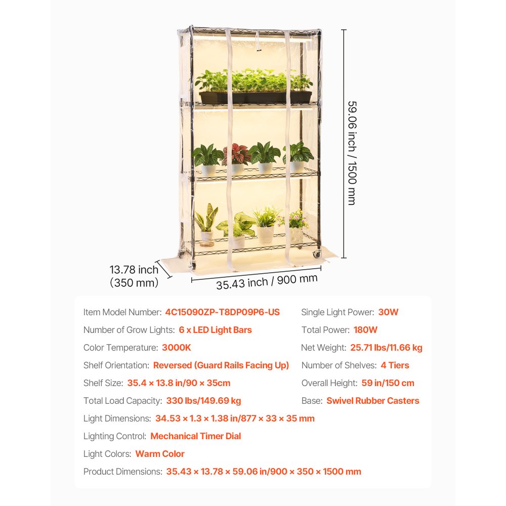 VEVOR Soporte para Plantas con Luz de Cultivo y Cubierta de Invernadero 4 Niveles 150 cm 180 W, Estante para Plantas con Ruedas, Temporizador, Higrómetro, Luces de Cultivo de Espectro Completo
