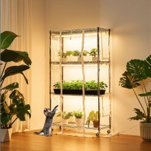 VEVOR Soporte para Plantas con Luz de Cultivo y Cubierta de Invernadero 4 Niveles 150 cm 180 W, Estante para Plantas con Ruedas, Temporizador, Higrómetro, Luces de Cultivo de Espectro Completo
