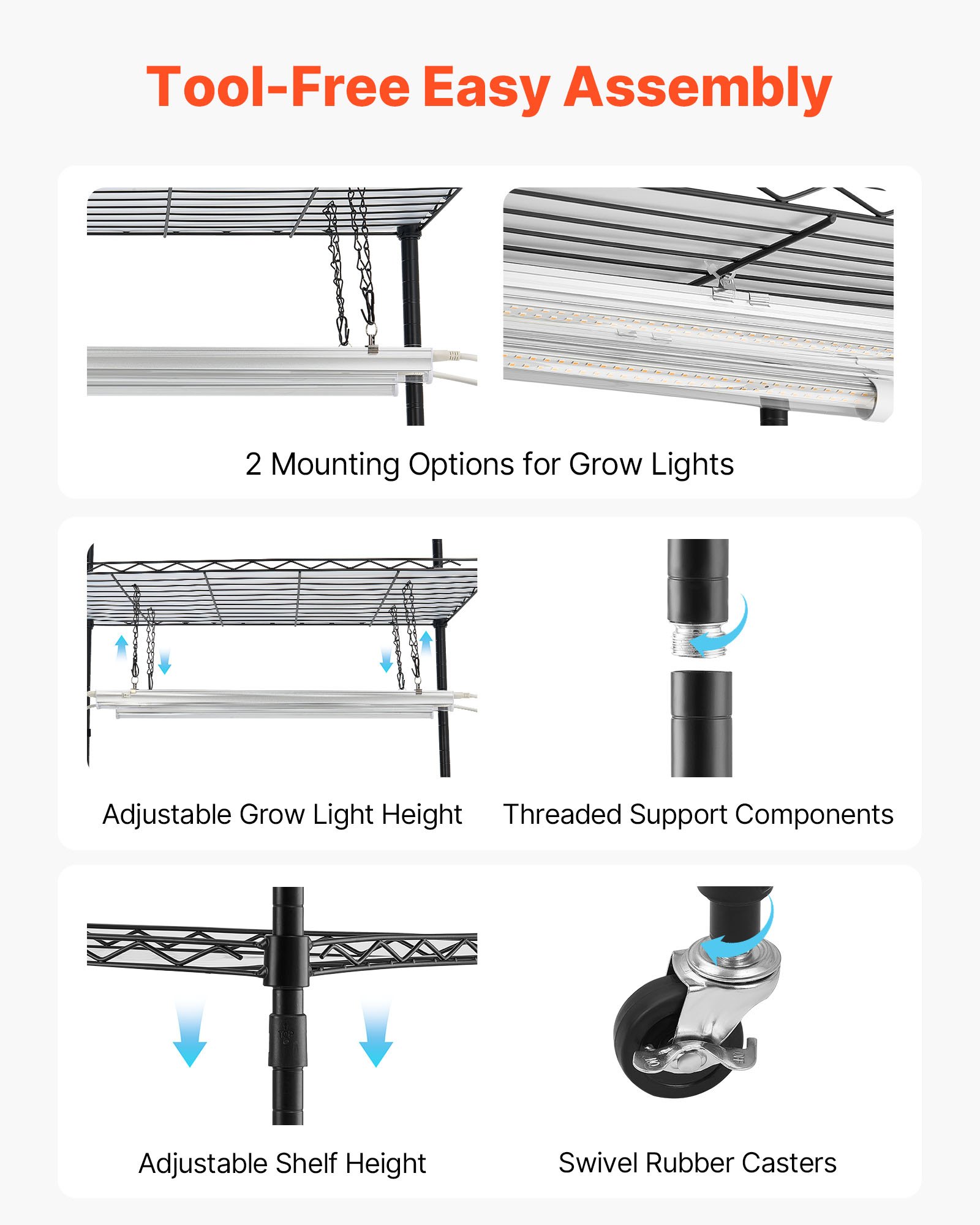 VEVOR Soporte para Plantas con Luz de Cultivo y Cubierta de Invernadero 4 Niveles 150 cm 180 W, Estante para Plantas con Ruedas, Temporizador, Higrómetro, Luces de Cultivo de Espectro Completo