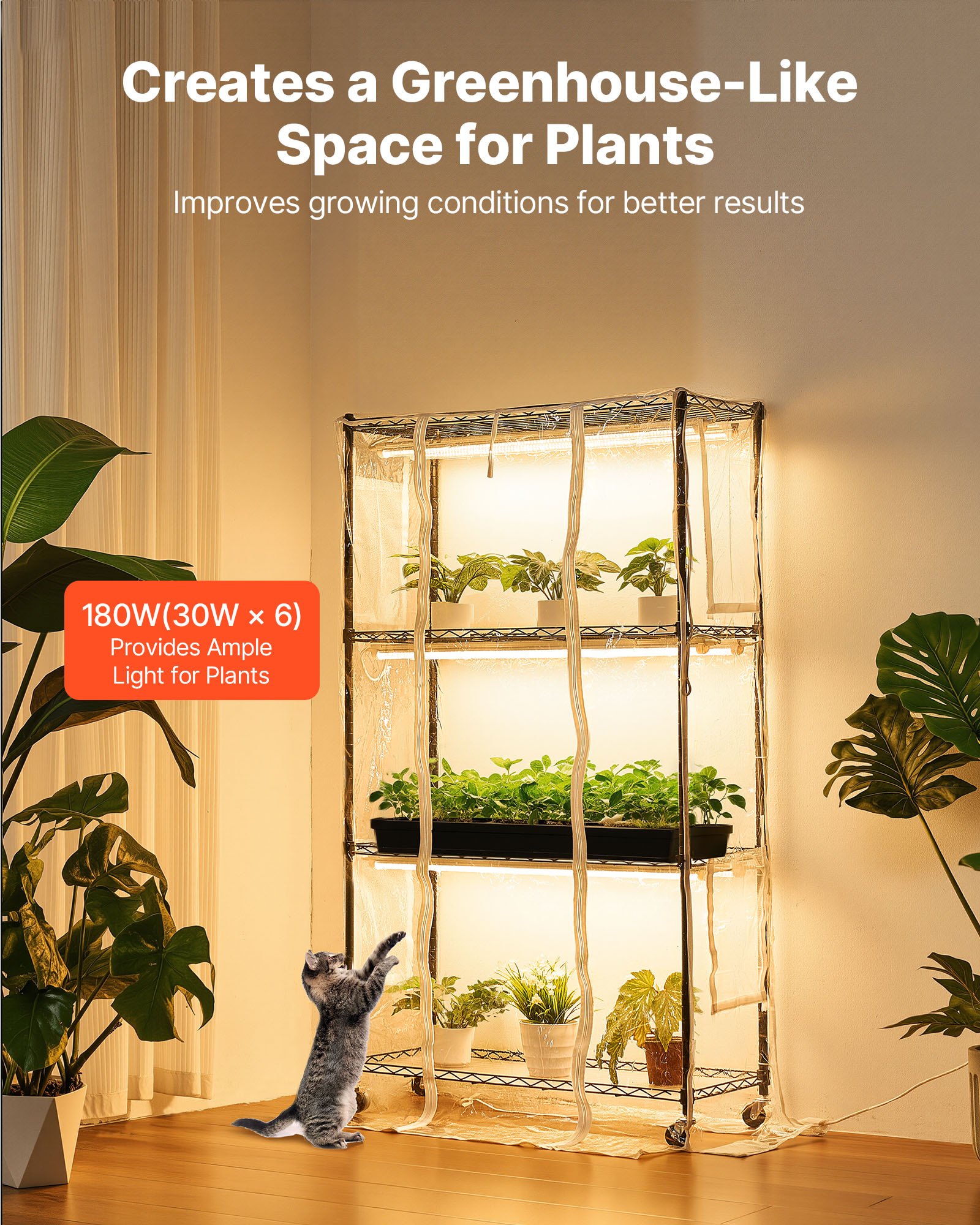 VEVOR Soporte para Plantas con Luz de Cultivo y Cubierta de Invernadero 4 Niveles 150 cm 180 W, Estante para Plantas con Ruedas, Temporizador, Higrómetro, Luces de Cultivo de Espectro Completo