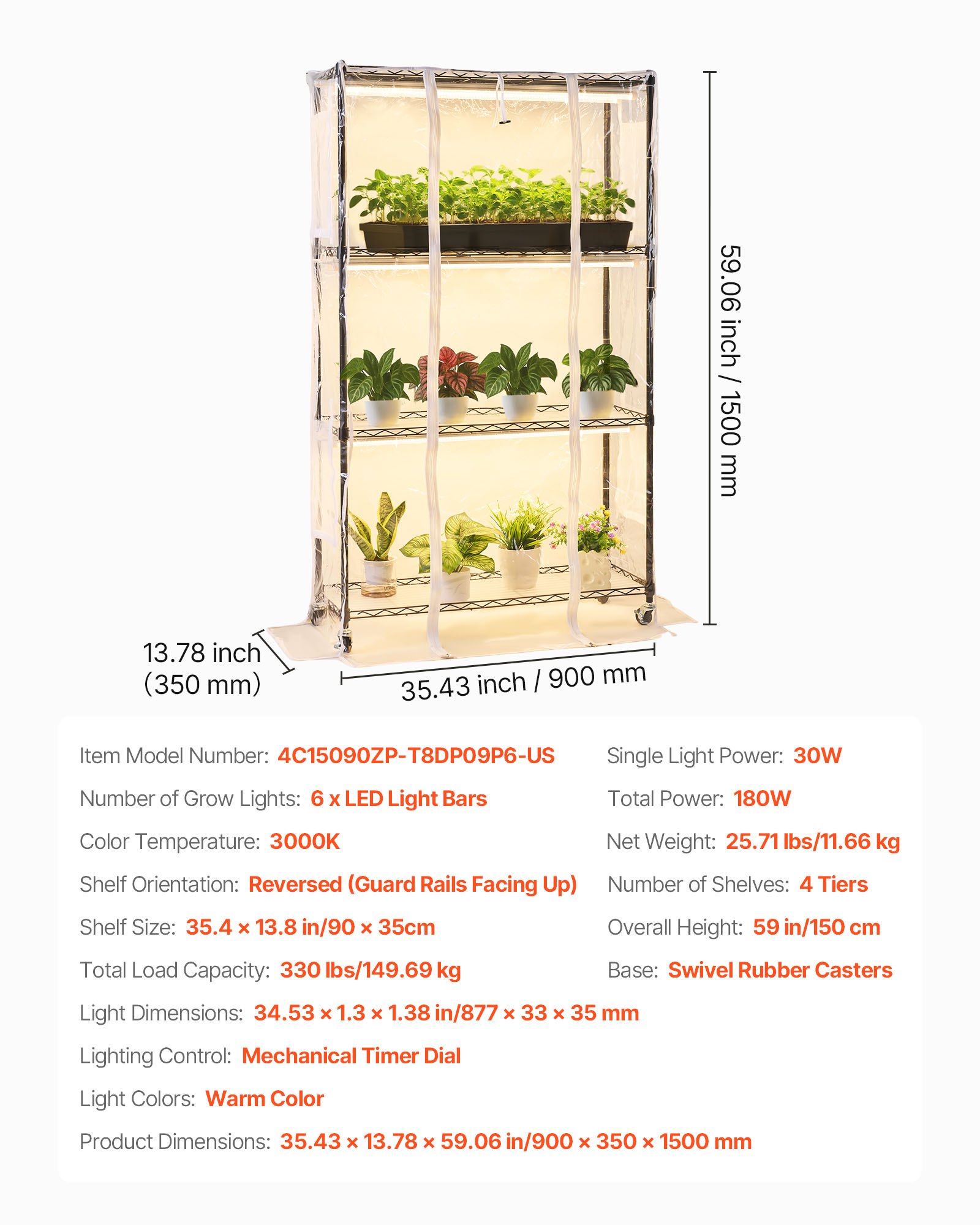 VEVOR Soporte para Plantas con Luz de Cultivo y Cubierta de Invernadero 4 Niveles 150 cm 180 W, Estante para Plantas con Ruedas, Temporizador, Higrómetro, Luces de Cultivo de Espectro Completo