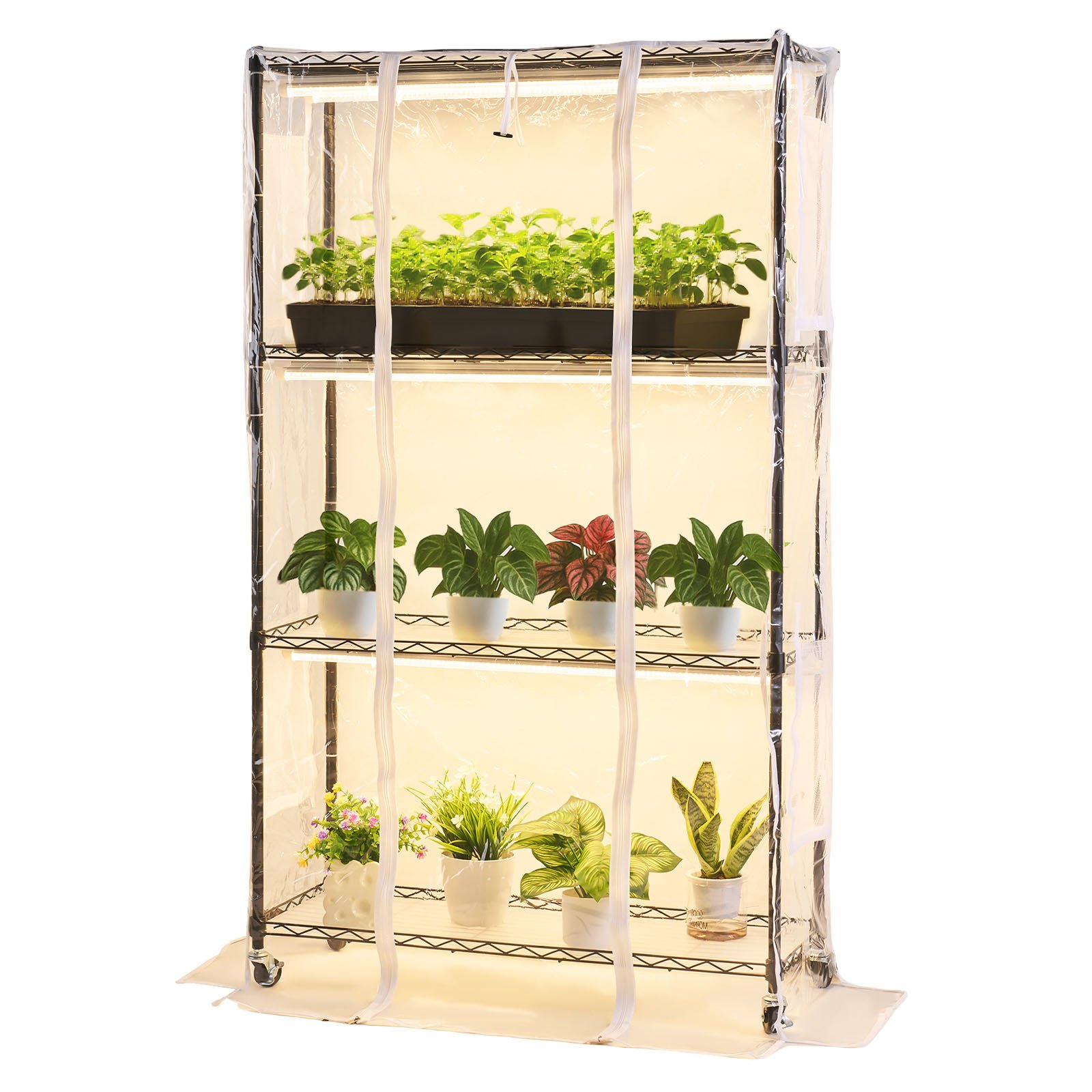 VEVOR Soporte para Plantas con Luz de Cultivo y Cubierta de Invernadero 4 Niveles 150 cm 180 W, Estante para Plantas con Ruedas, Temporizador, Higrómetro, Luces de Cultivo de Espectro Completo