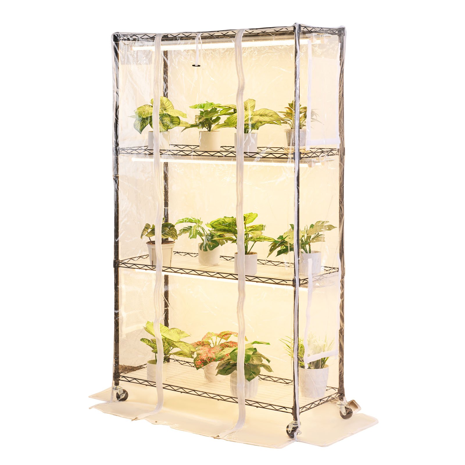 VEVOR Soporte para Plantas con Luz de Cultivo y Cubierta de Invernadero 4 Niveles 150 cm 180 W, Estante para Plantas con Ruedas, Temporizador, Higrómetro, Luces de Cultivo de Espectro Completo