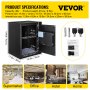Caja de seguridad con huella dactilar VEVOR, dimensiones, accesorios y uso en supermercados, oficinas, hoteles y hogares.