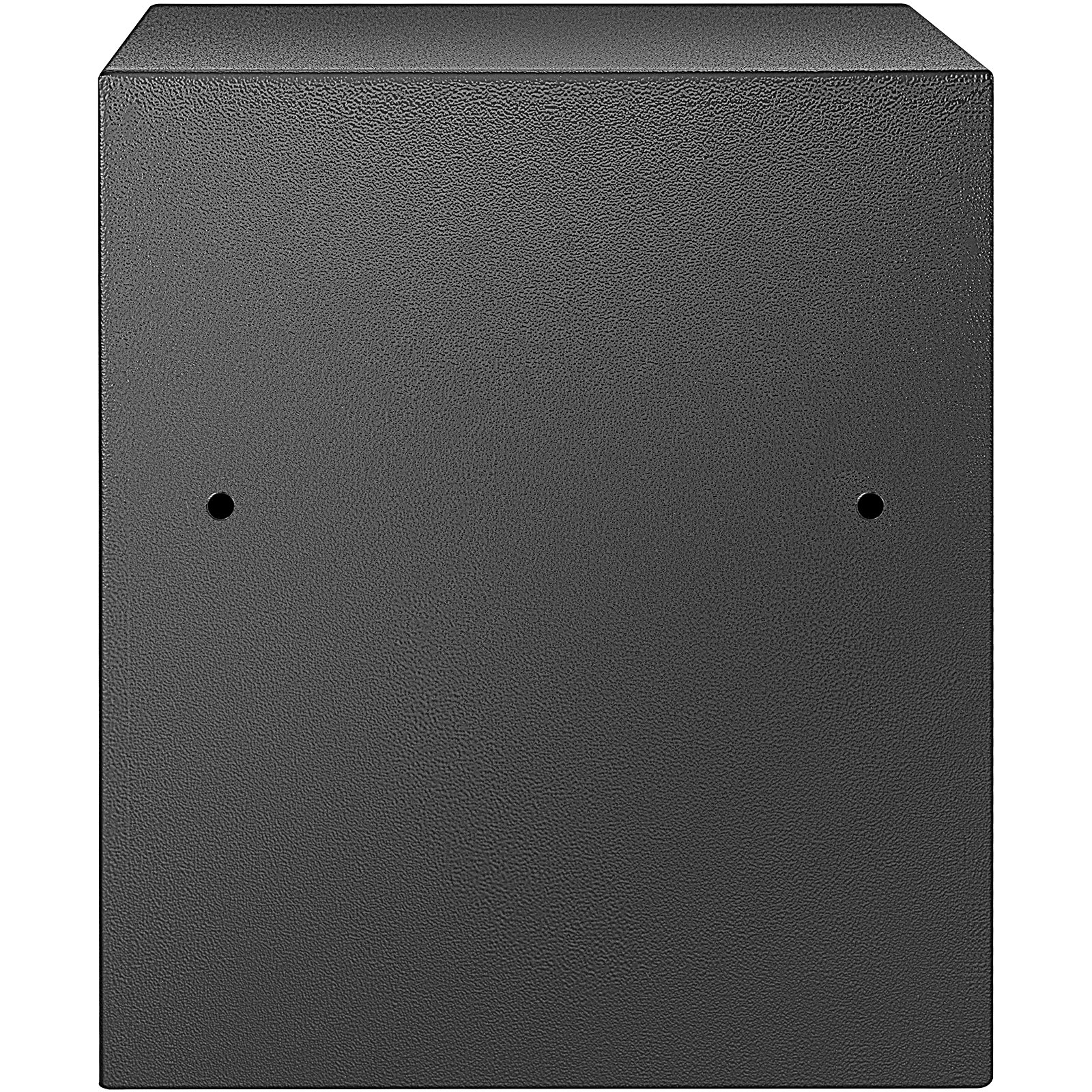 Caja de seguridad con huella dactilar VEVOR con superficie texturizada negra y dos pequeños orificios en el frente.