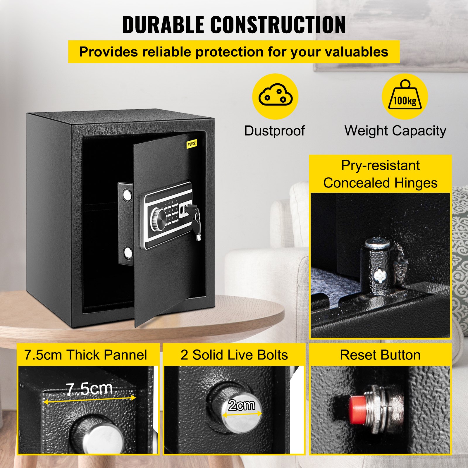 VEVOR Caja Fuerte de Seguridad con Huella Dactilar 48L Caja Fuerte Antirrobo del Hogar 34,5 x 20 x 39,5 cm Huella Digital Contraseña Llave WiFi Abierto del Hotel de Oficina en Casa Caja de Seguridad