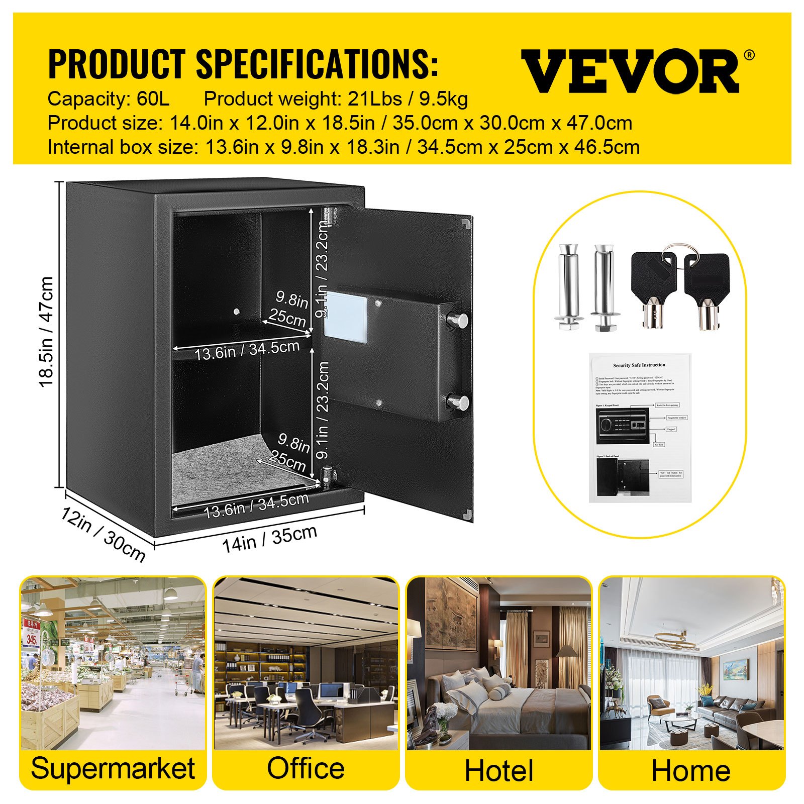 VEVOR Caja Fuerte de Seguridad con Huella Dactilar 60L Caja Fuerte Antirrobo del Hogar 34,5 x 20 x 46,5 cm Huella Digital Contraseña Llave WiFi Abierto del Hotel de Oficina en Casa Caja de Seguridad