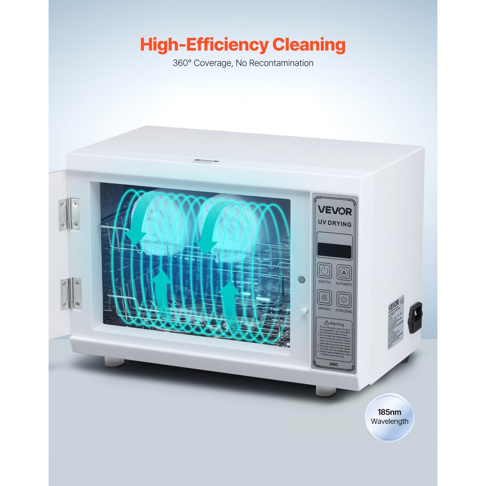 VEVOR Máquina de Limpieza de Herramientas para Uñas, Capacidad de 12 L, Caja de Limpieza Multifuncional con Temporizador, Puerta de Vidrio Templado, Longitud de Onda de 185 nm para Salones de Uñas