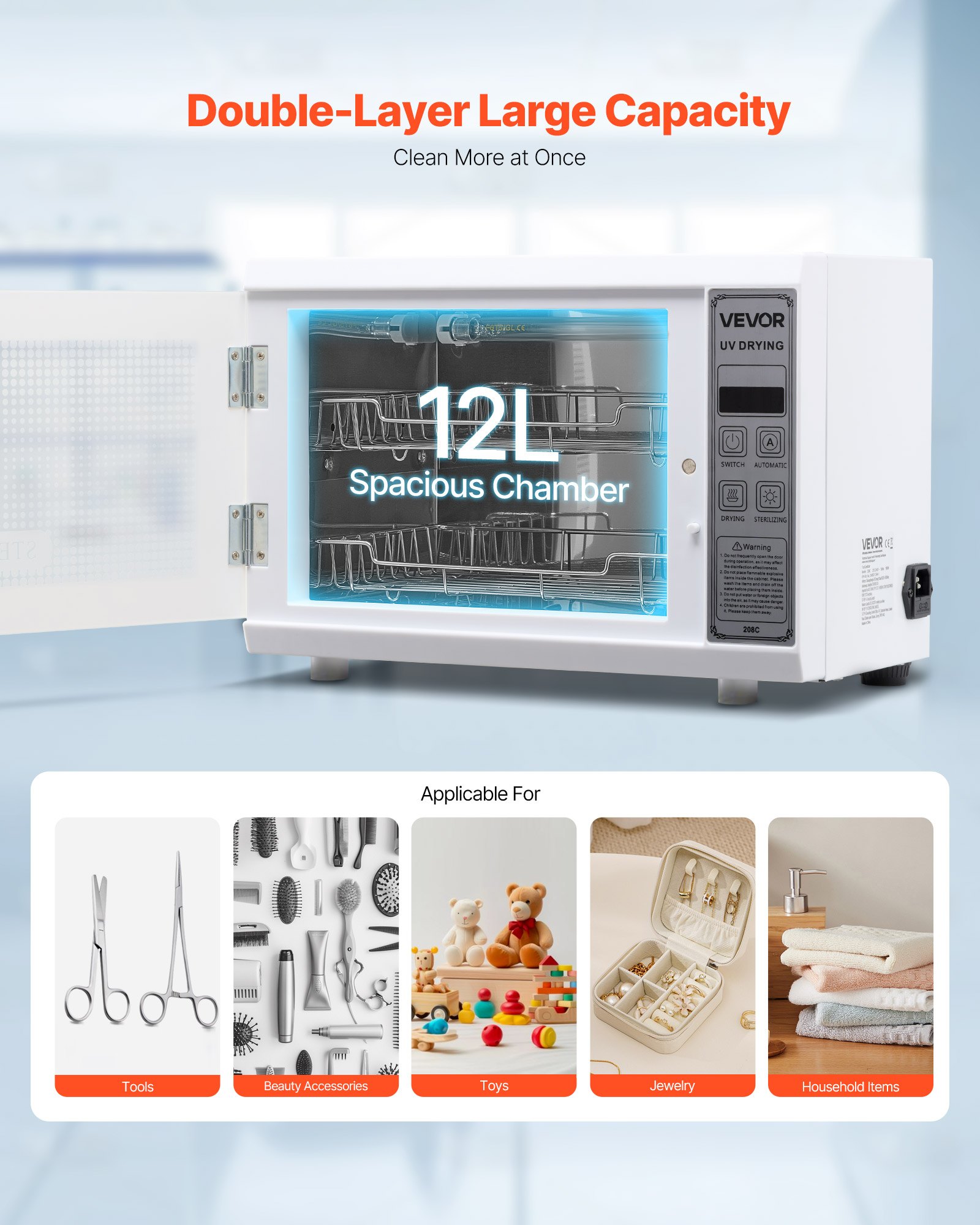 VEVOR Máquina de Limpieza de Herramientas para Uñas, Capacidad de 12 L, Caja de Limpieza Multifuncional con Temporizador, Puerta de Vidrio Templado, Longitud de Onda de 185 nm para Salones de Uñas