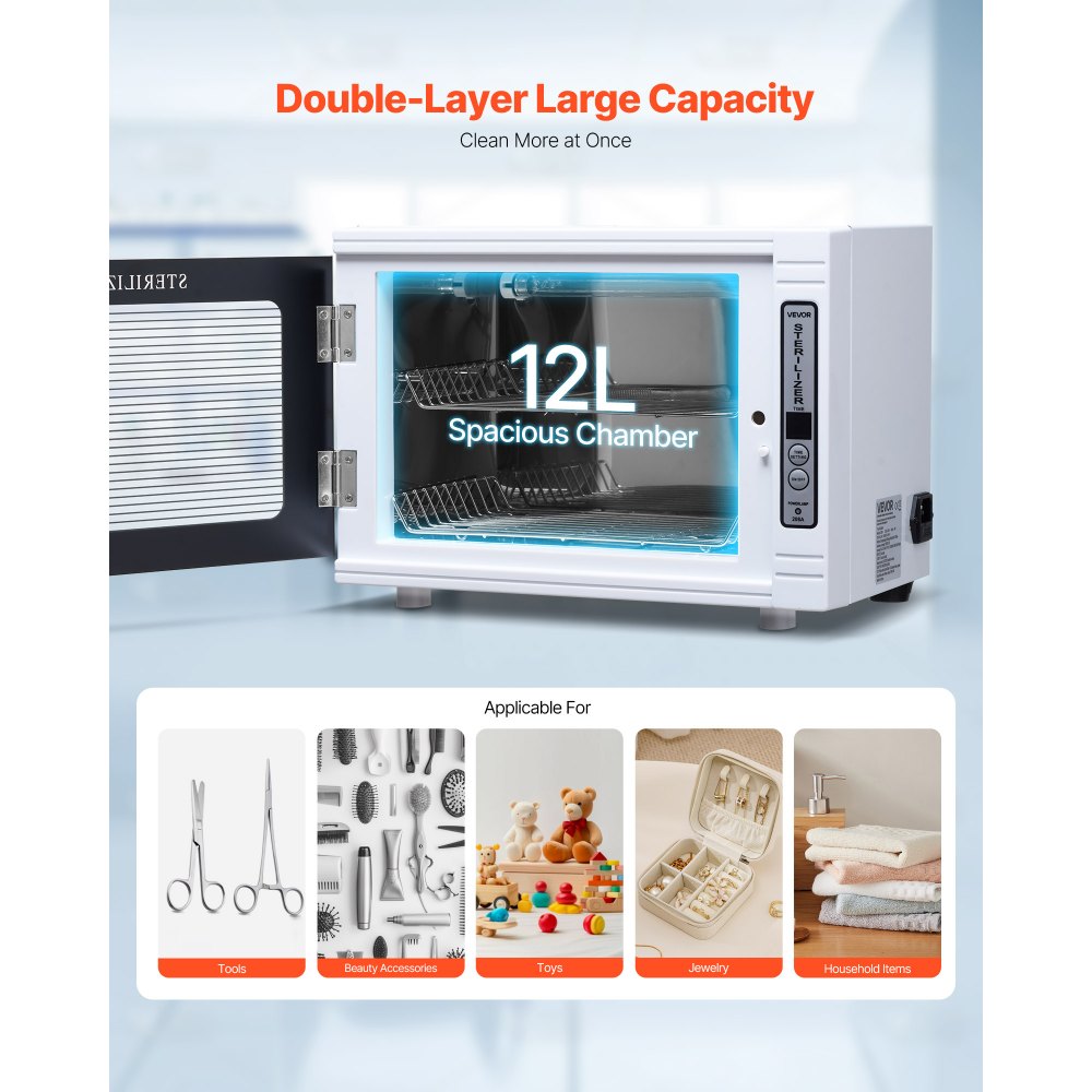 VEVOR 5 W Máquina Limpiadora de Herramientas para Uñas, Capacidad de 12 L, Armario con Temporizador, Puerta de Vidrio Templado, Longitud de Onda de 185 nm para Salones de Uñas, Salones de Belleza