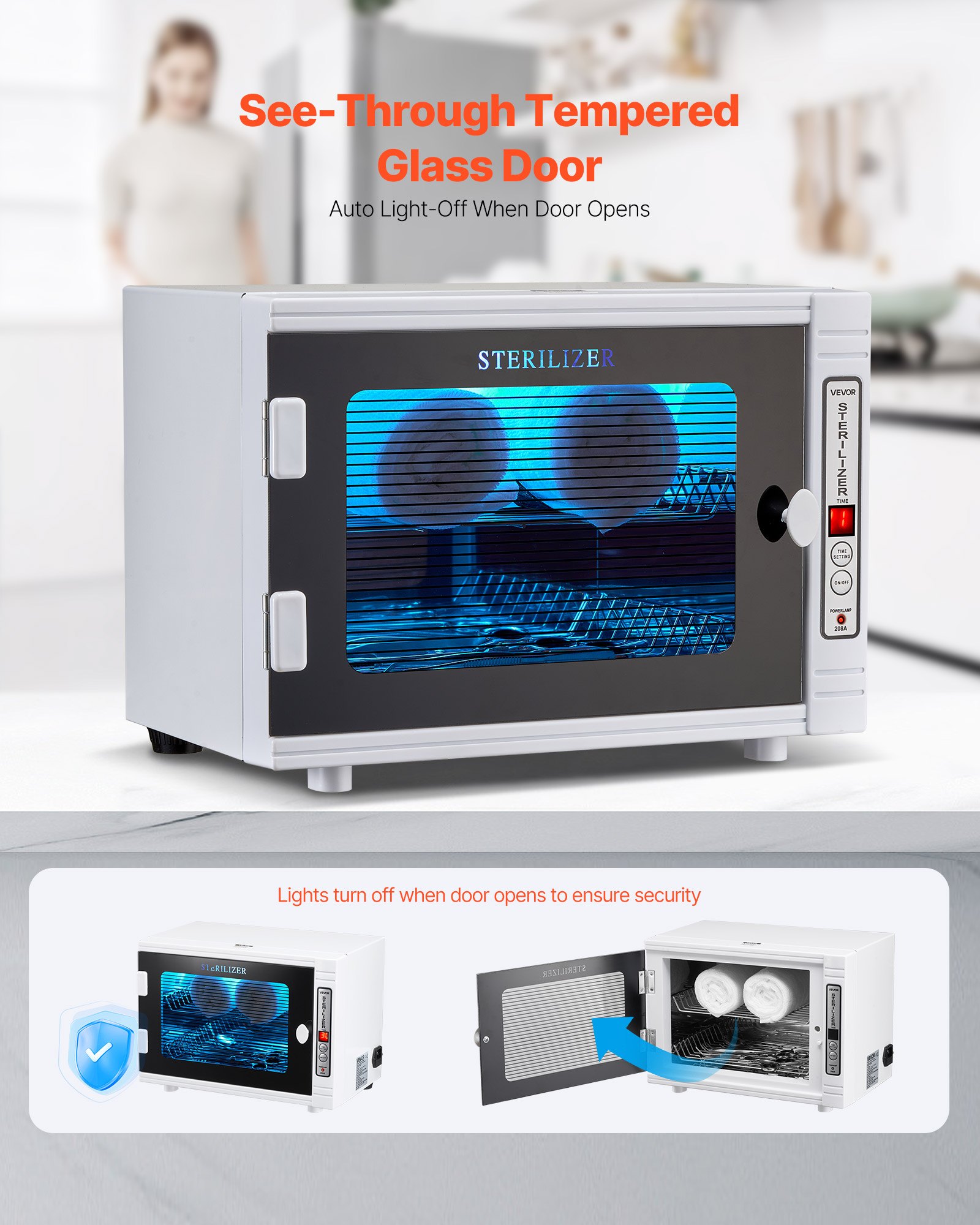 VEVOR 5 W Máquina Limpiadora de Herramientas para Uñas, Capacidad de 12 L, Armario con Temporizador, Puerta de Vidrio Templado, Longitud de Onda de 185 nm para Salones de Uñas, Salones de Belleza