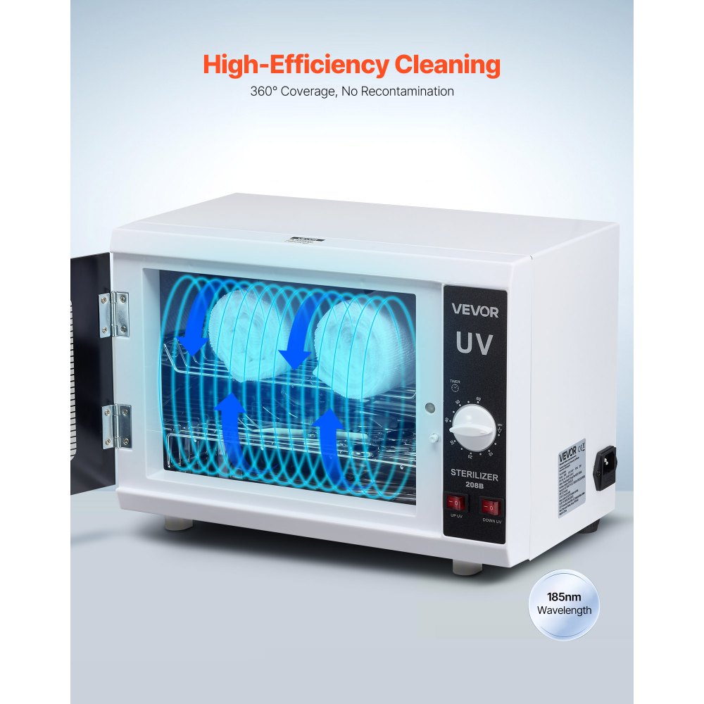 VEVOR Máquina de Limpieza de Herramientas para Uñas, Capacidad de 12 L, Control de Perilla, Caja con Temporizador, Puerta de Vidrio Templado, Longitud de Onda de 185 nm para Salones de Uñas