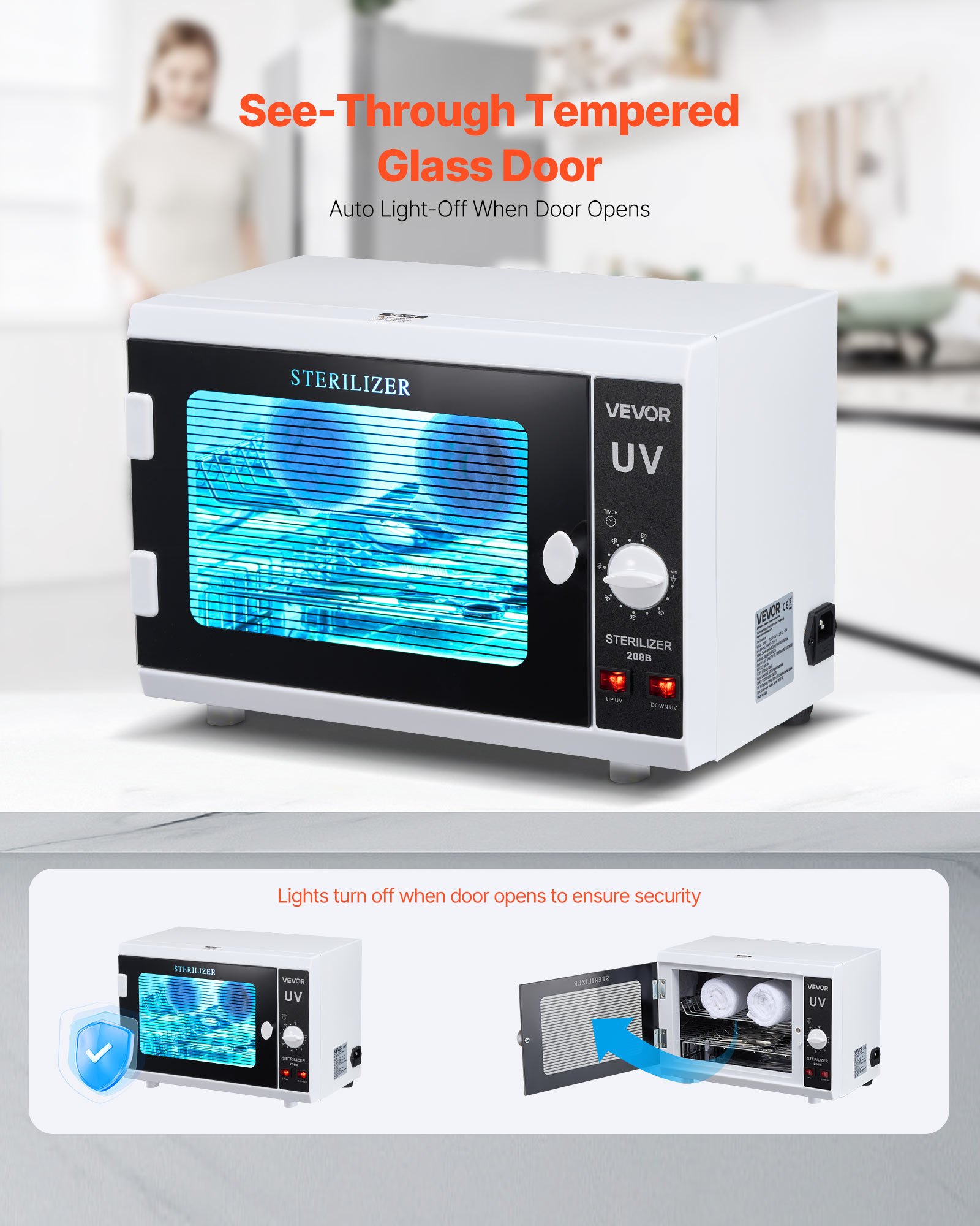 VEVOR Máquina de Limpieza de Herramientas para Uñas, Capacidad de 12 L, Control de Perilla, Caja con Temporizador, Puerta de Vidrio Templado, Longitud de Onda de 185 nm para Salones de Uñas