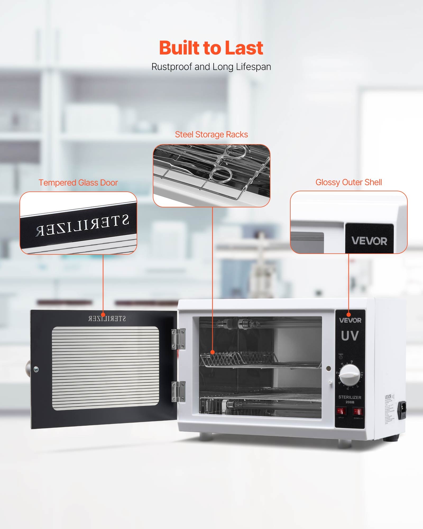 VEVOR Máquina de Limpieza de Herramientas para Uñas, Capacidad de 12 L, Control de Perilla, Caja con Temporizador, Puerta de Vidrio Templado, Longitud de Onda de 185 nm para Salones de Uñas