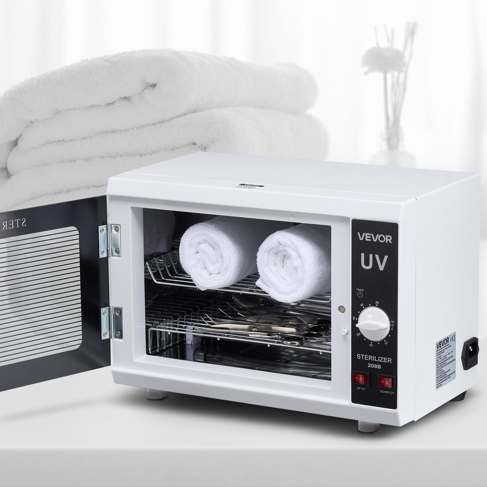 VEVOR Máquina de Limpieza de Herramientas para Uñas, Capacidad de 12 L, Control de Perilla, Caja con Temporizador, Puerta de Vidrio Templado, Longitud de Onda de 185 nm para Salones de Uñas