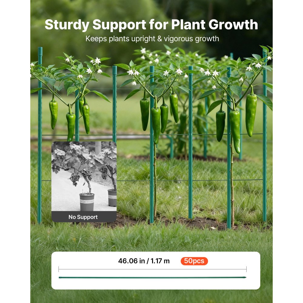 VEVOR Garden Stakes, 50 Pack, 1170 mm, Plastic Coated Metal Tomato Stakes, Garden Sticks for Plants Support, with Pointed End and Non-Slip Bumps for Growing Climbing Plants, Outdoor Vegetables