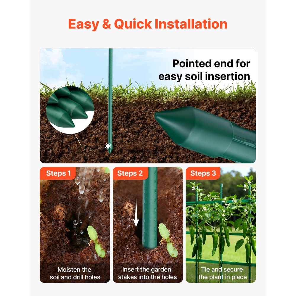 VEVOR Soportes para Plantas, Ø11x1170 mm, Tutores de Metal Recubiertos de Plástico a Tomates, con Extremo Puntiagudo y Topes Antideslizantes para Cultivo de Plantas Trepadoras y Hortalizas, 50 uds