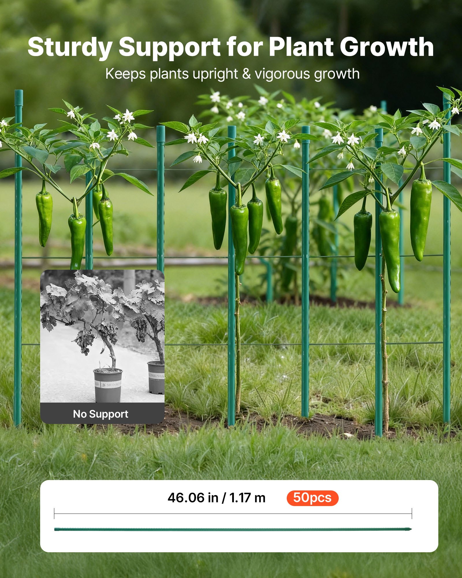VEVOR Soportes para Plantas, Ø11x1170 mm, Tutores de Metal Recubiertos de Plástico a Tomates, con Extremo Puntiagudo y Topes Antideslizantes para Cultivo de Plantas Trepadoras y Hortalizas, 50 uds