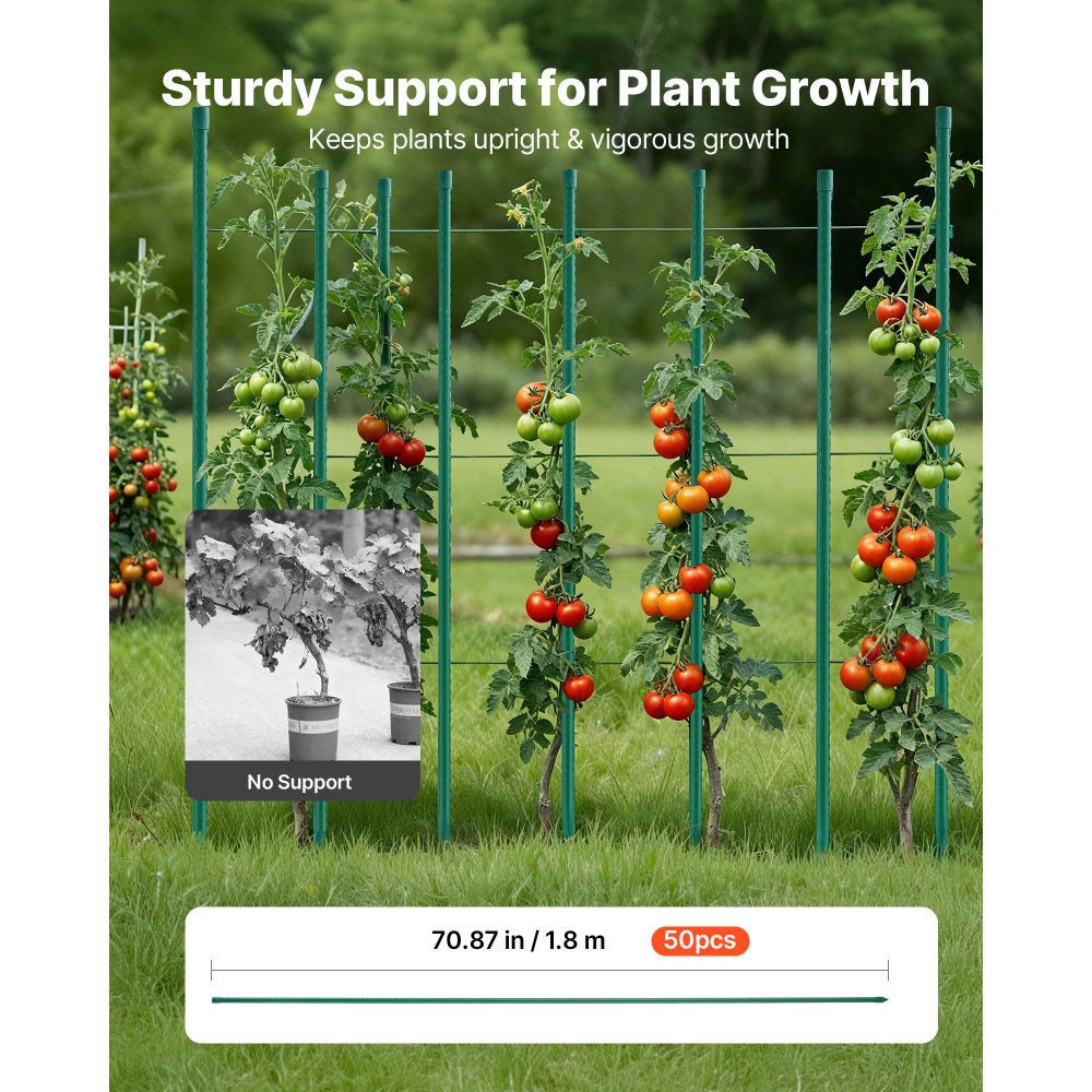 VEVOR Soportes para Plantas, ⌀11x1800 mm, Tutores de Metal Recubiertos de Plástico a Tomates, con Extremo Puntiagudo y Protuberancias Antideslizantes para el Cultivo de Plantas Trepadoras, 50 uds