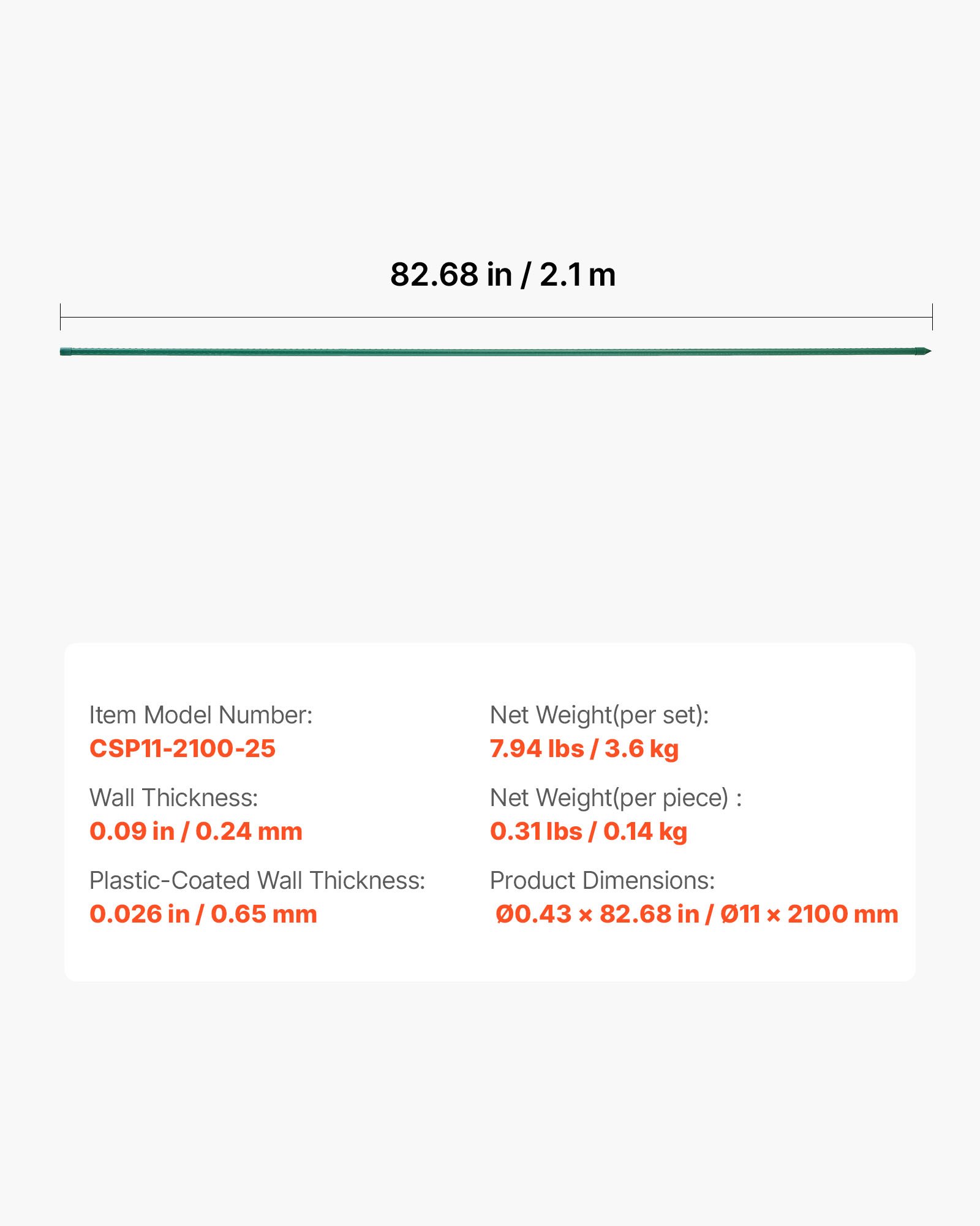 VEVOR Soportes para plantas, ⌀11x2100 mm, tutores de metal recubiertos de plástico para tomates, con extremo puntiagudo y protuberancias antideslizantes para el cultivo de plantas, 25 uds, Verde
