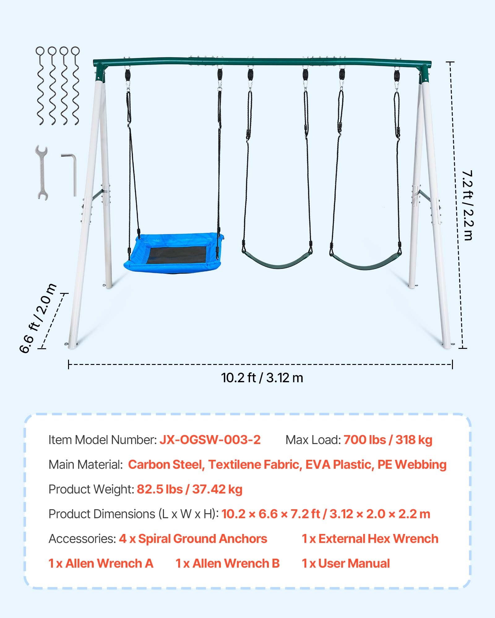 VEVOR Juego de Columpio Infantil Exterior, 184 x 193,5 x 182 cm, Set de Columpio de Jardín, Capacidad de Carga 199,6 kg, con 2 Asientos, Altura Ajustable, Marco de Acero, para Niños Terraza, Verde