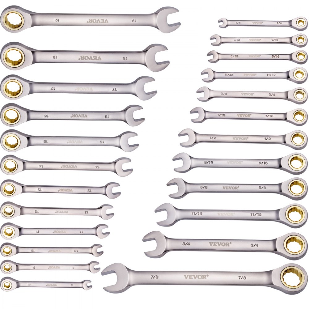 VEVOR 24 PCS Juego de Llaves Combinadas, Juego de Llaves de Trinquete con Estante Organizador, Juego de Llaves Mediano SAE de 1/4" a 7/8" y Métricas de 8 mm a 19 mm para Reparaciones de Automóviles