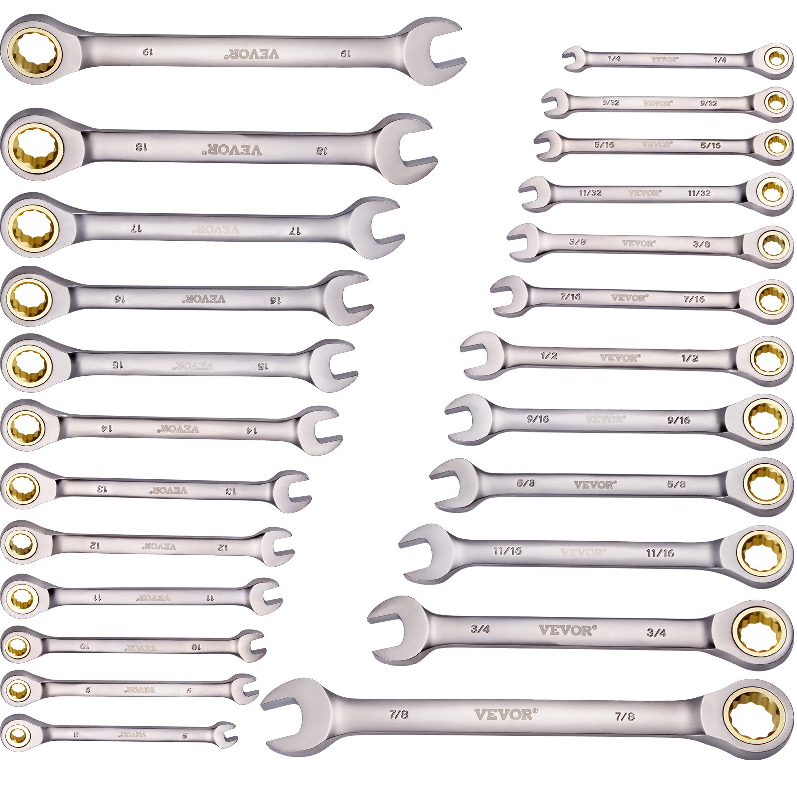 VEVOR 24 PCS Juego de Llaves Combinadas, Juego de Llaves de Trinquete con Estante Organizador, Juego de Llaves Mediano SAE de 1/4" a 7/8" y Métricas de 8 mm a 19 mm para Reparaciones de Automóviles