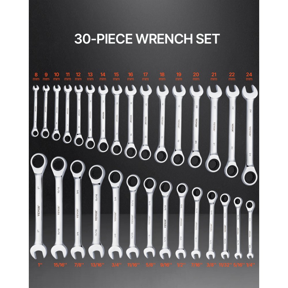 VEVOR 30 PCS Juego de Llaves Combinadas, Juego de Llaves de Trinquete con Estante Organizador, Juego de Llaves Mediano SAE de 1/4" a 1" y Métricas de 8 mm a 24 mm para Reparaciones de Automóviles