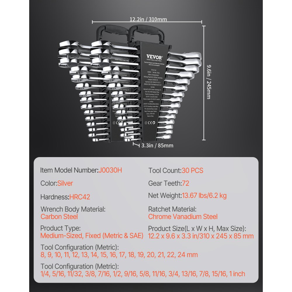 VEVOR 30 PCS Juego de Llaves Combinadas, Juego de Llaves de Trinquete con Estante Organizador, Juego de Llaves Mediano SAE de 1/4" a 1" y Métricas de 8 mm a 24 mm para Reparaciones de Automóviles