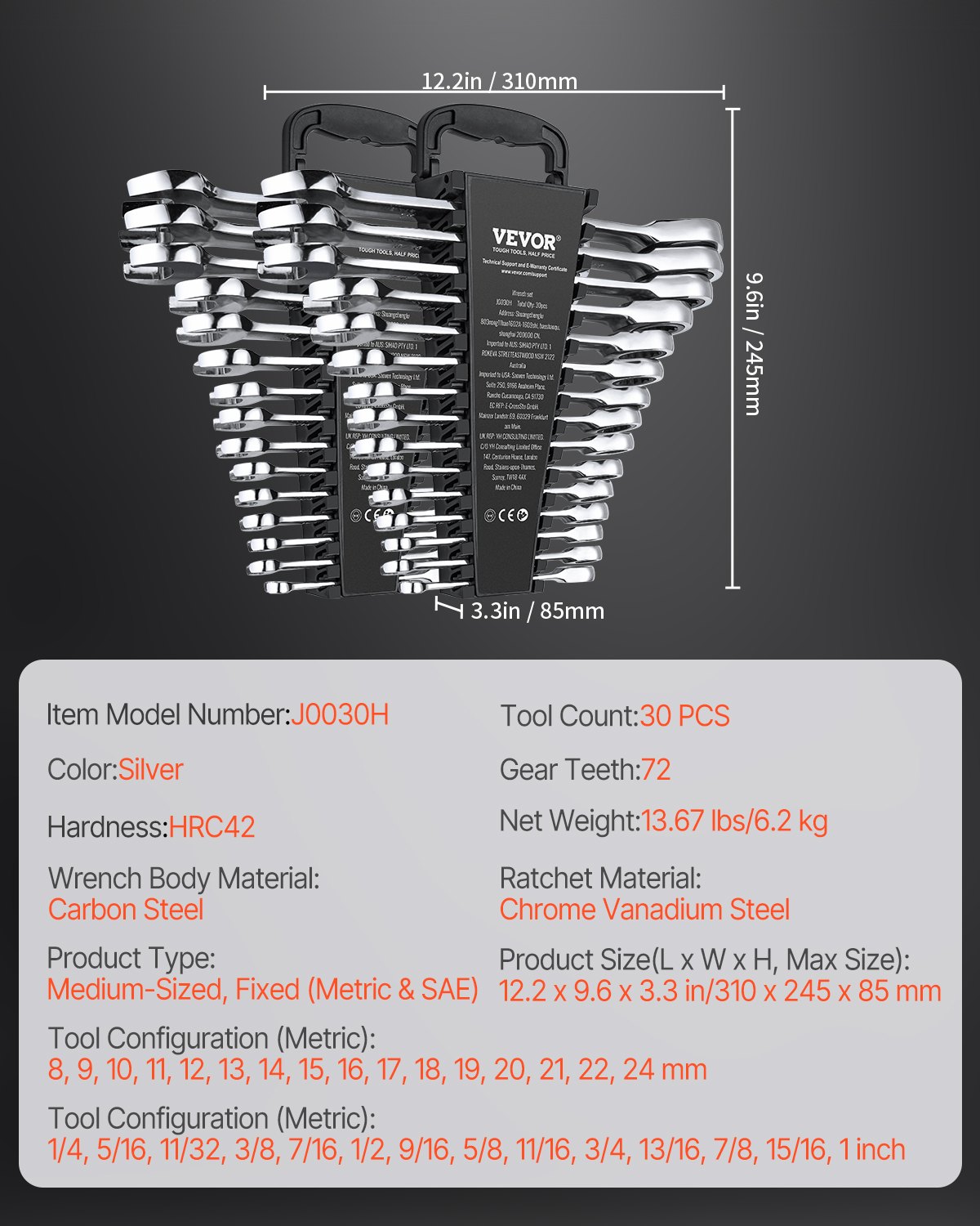 VEVOR 30 PCS Juego de Llaves Combinadas, Juego de Llaves de Trinquete con Estante Organizador, Juego de Llaves Mediano SAE de 1/4" a 1" y Métricas de 8 mm a 24 mm para Reparaciones de Automóviles