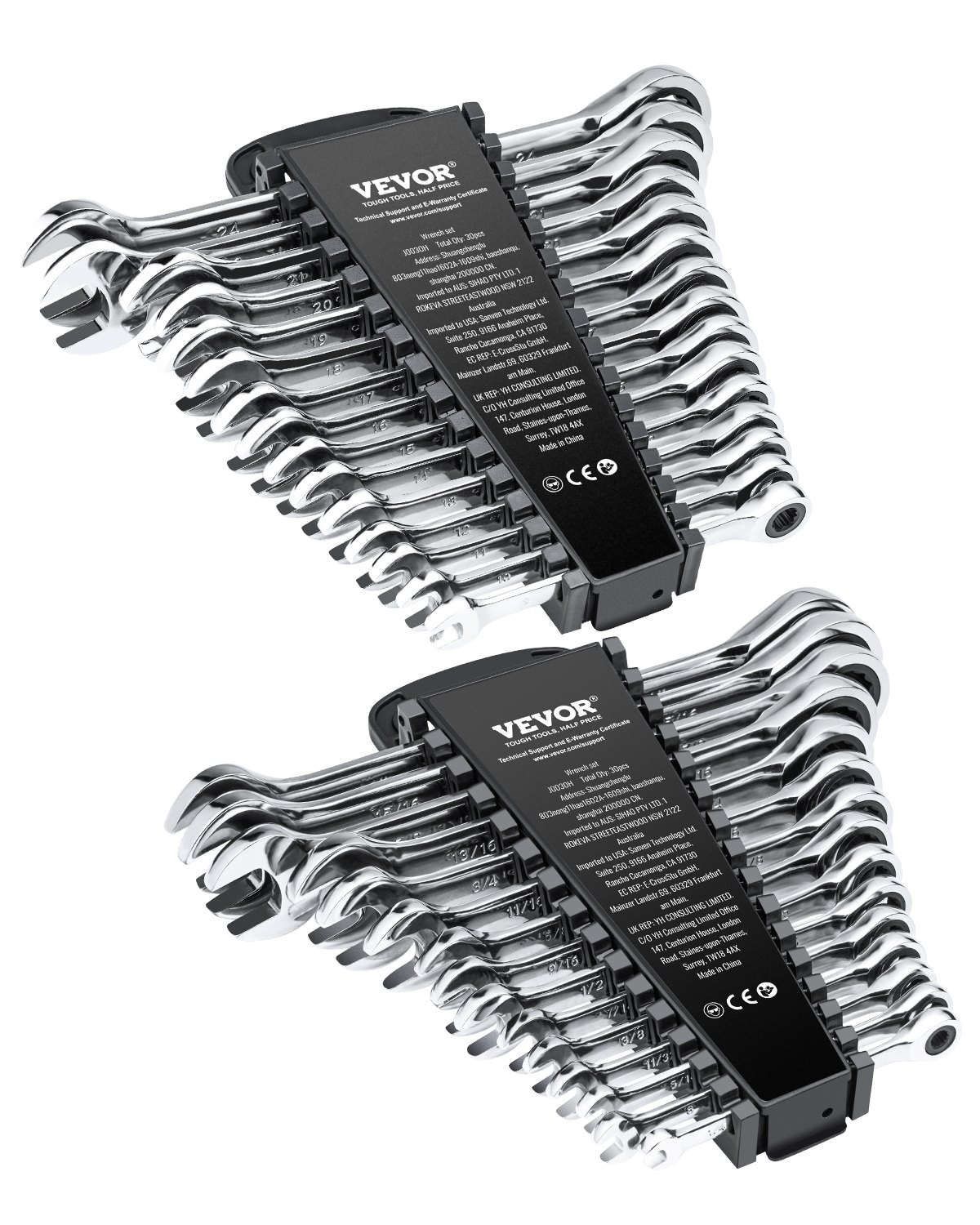 VEVOR 30 PCS Juego de Llaves Combinadas, Juego de Llaves de Trinquete con Estante Organizador, Juego de Llaves Mediano SAE de 1/4" a 1" y Métricas de 8 mm a 24 mm para Reparaciones de Automóviles