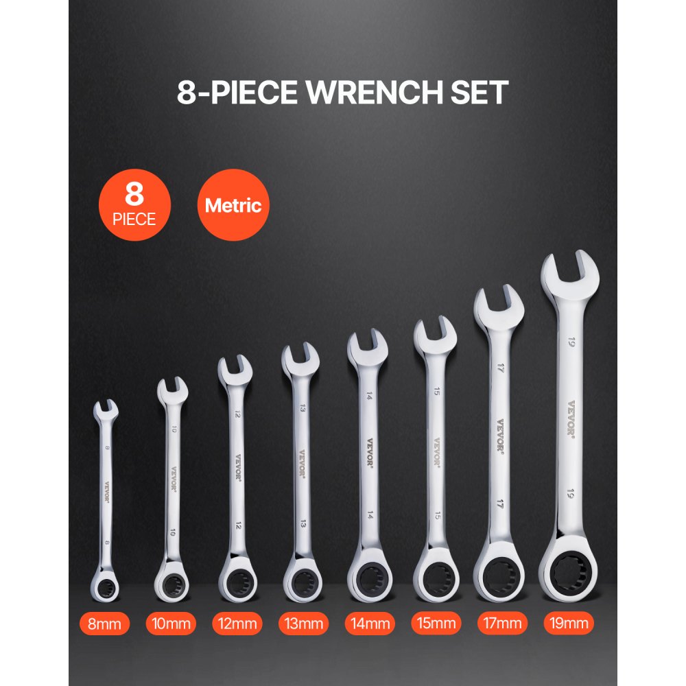 VEVOR 8-Piece Ratchet Wrench Set with Organizer Rack, Cr-V Steel Wrench Set, Metric 8 mm to 19 mm, Ideal for General Household, Garage, Workshop, and Car Repairs