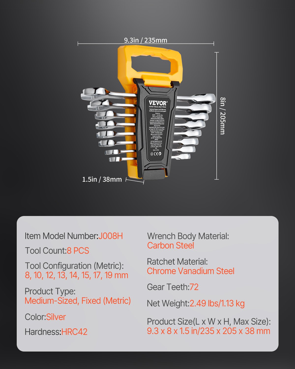 VEVOR 8-Piece Ratchet Wrench Set with Organizer Rack, Cr-V Steel Wrench Set, Metric 8 mm to 19 mm, Ideal for General Household, Garage, Workshop, and Car Repairs